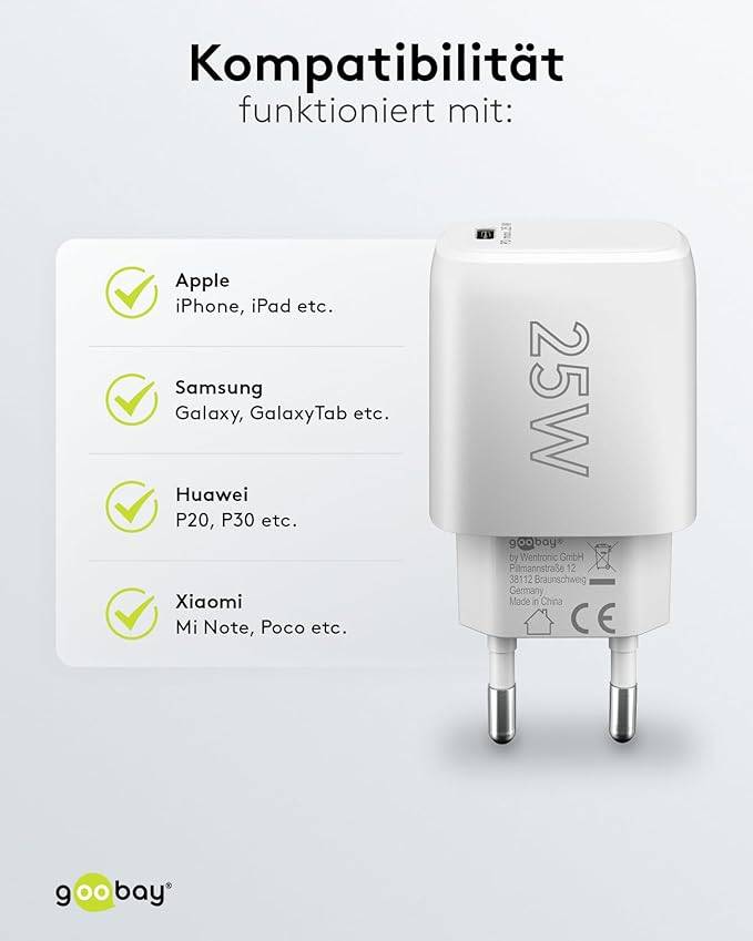 Goobay 65368 USB-C Netzteil 25W Power Delivery Charger / Universal Ladegerät Handy & Tablet / Mini USB-C Adapter / Weiß