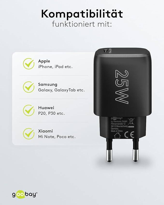 Goobay 65367 USB-C Netzteil 25W Power Delivery Charger / Universal Ladegerät Handy Tablet / Mini USB-C Adapter / Schwarz