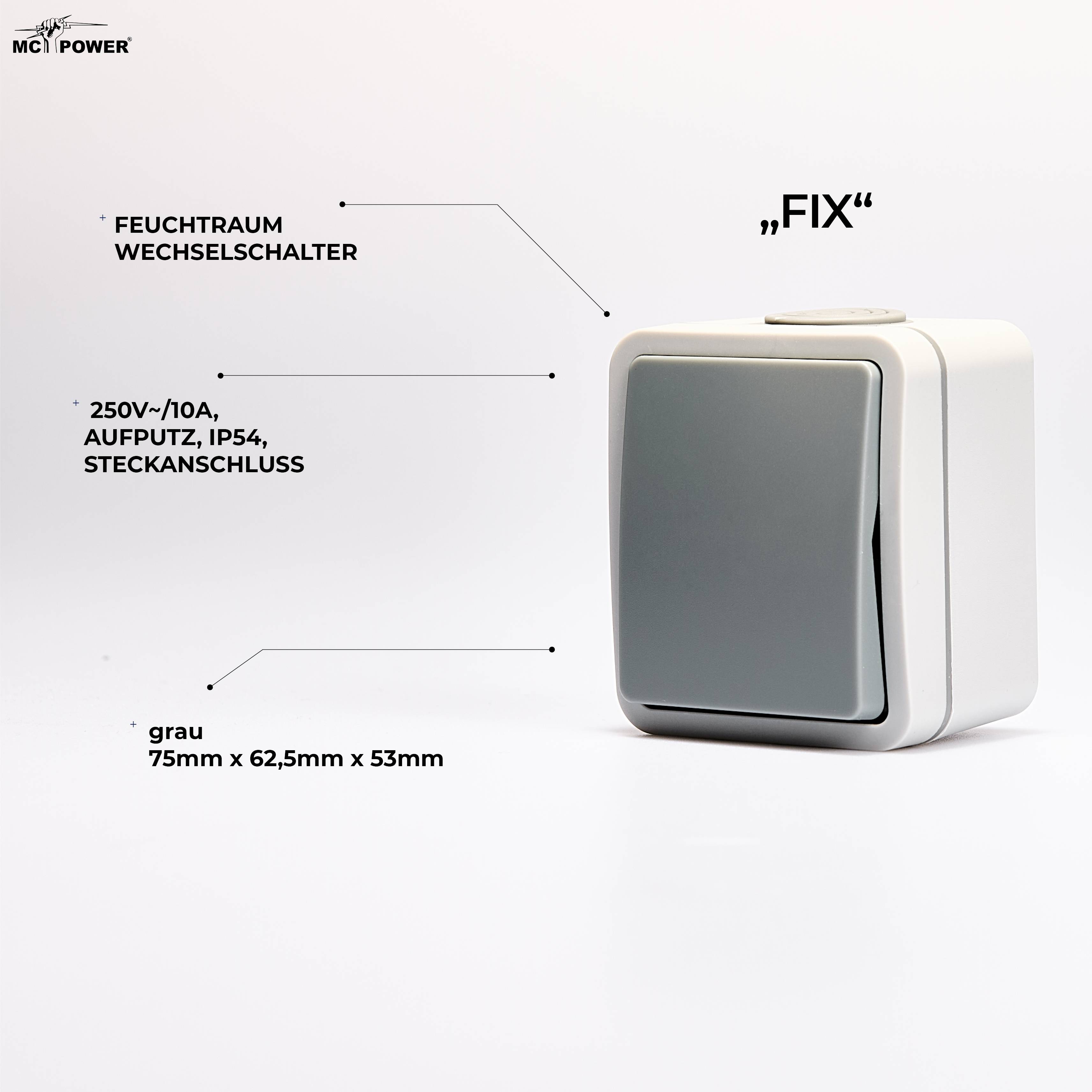 Feuchtraum Wechselschalter McPower "Fix", Steckanschluss, IP54, 250V~/10A, AP