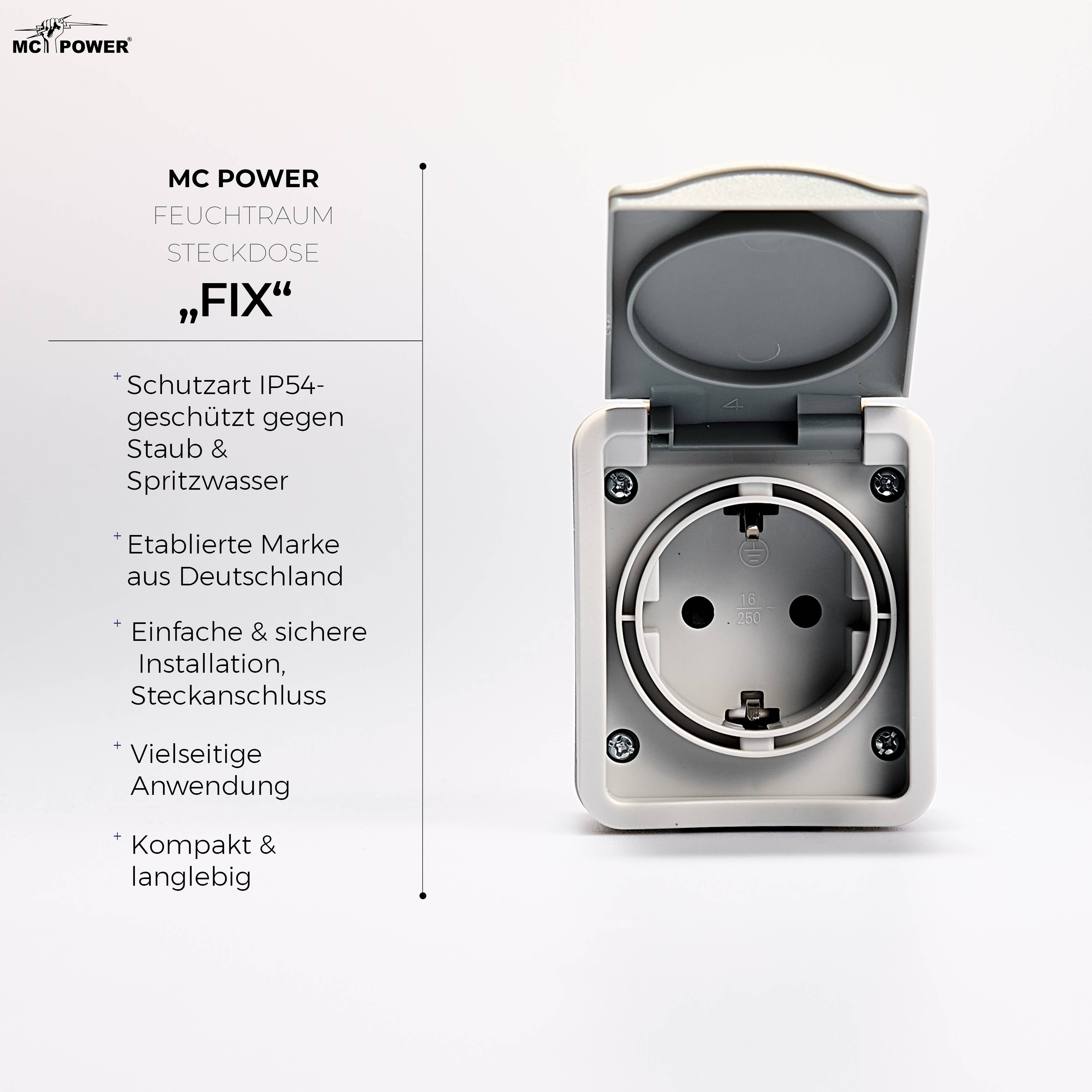 Feuchtraum Steckdose McPower "Fix", Steckanschluss, 250V~/16A, IP54, AP