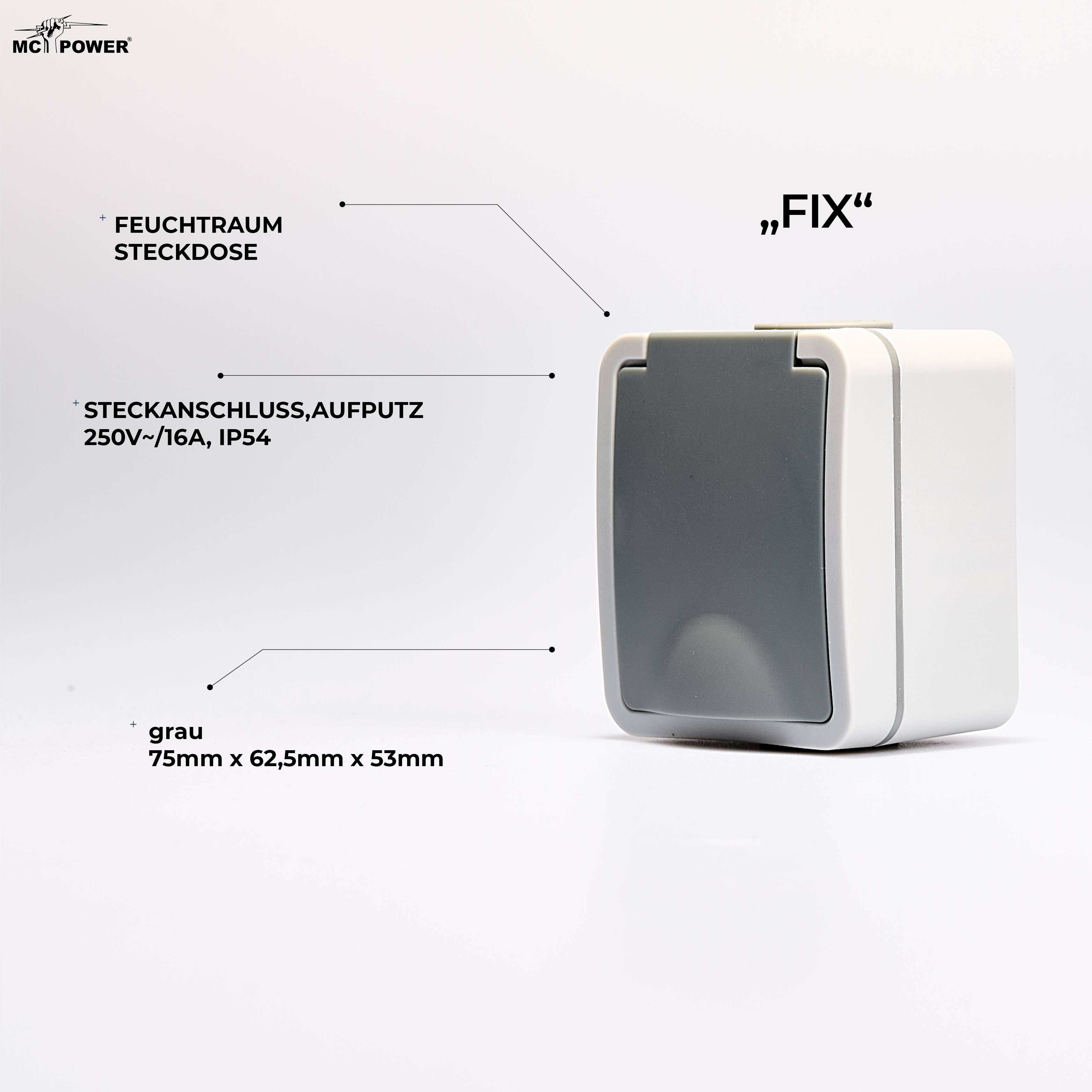 Feuchtraum Steckdose McPower "Fix", Steckanschluss, 250V~/16A, IP54, AP