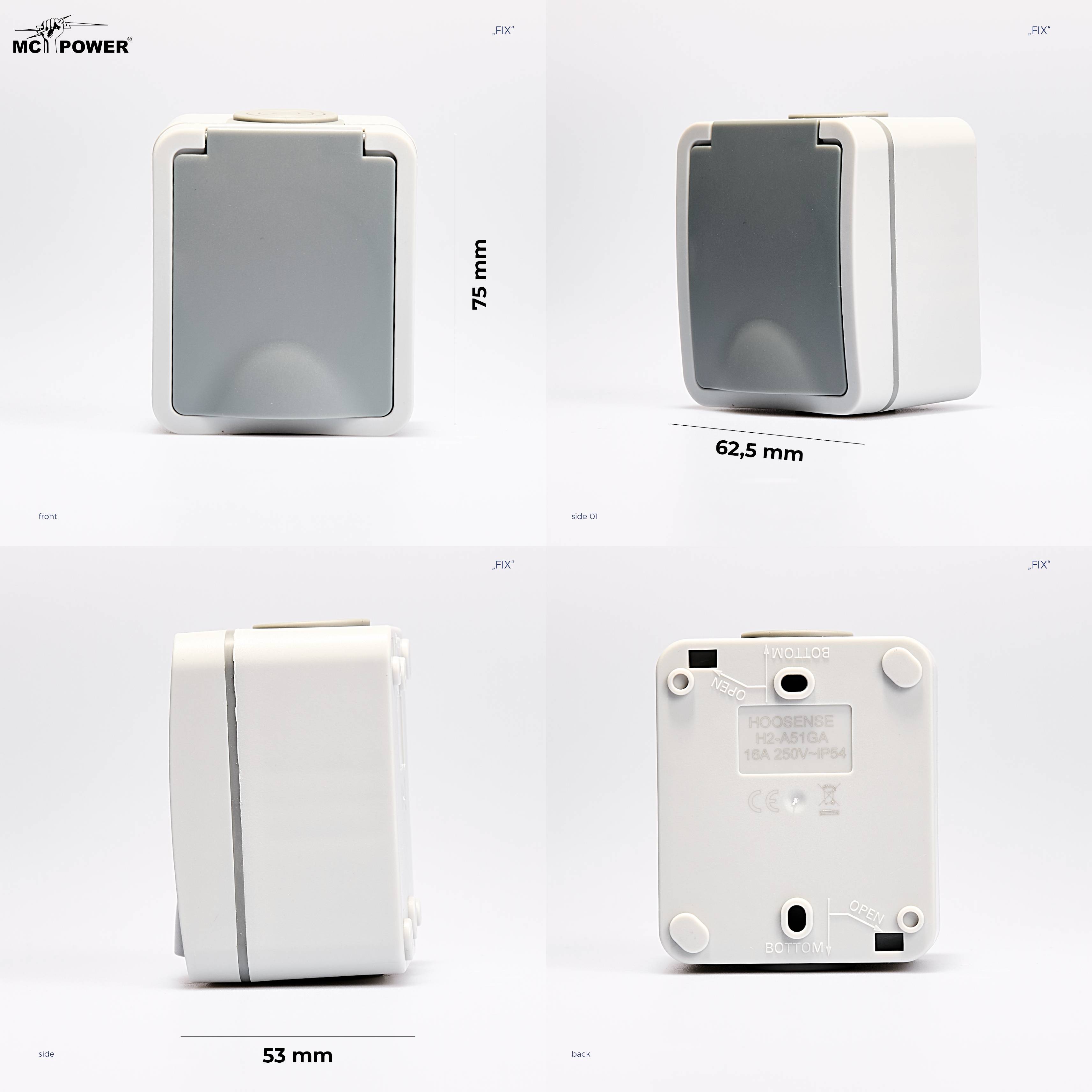 Feuchtraum Steckdose McPower "Fix", Steckanschluss, 250V~/16A, IP54, AP