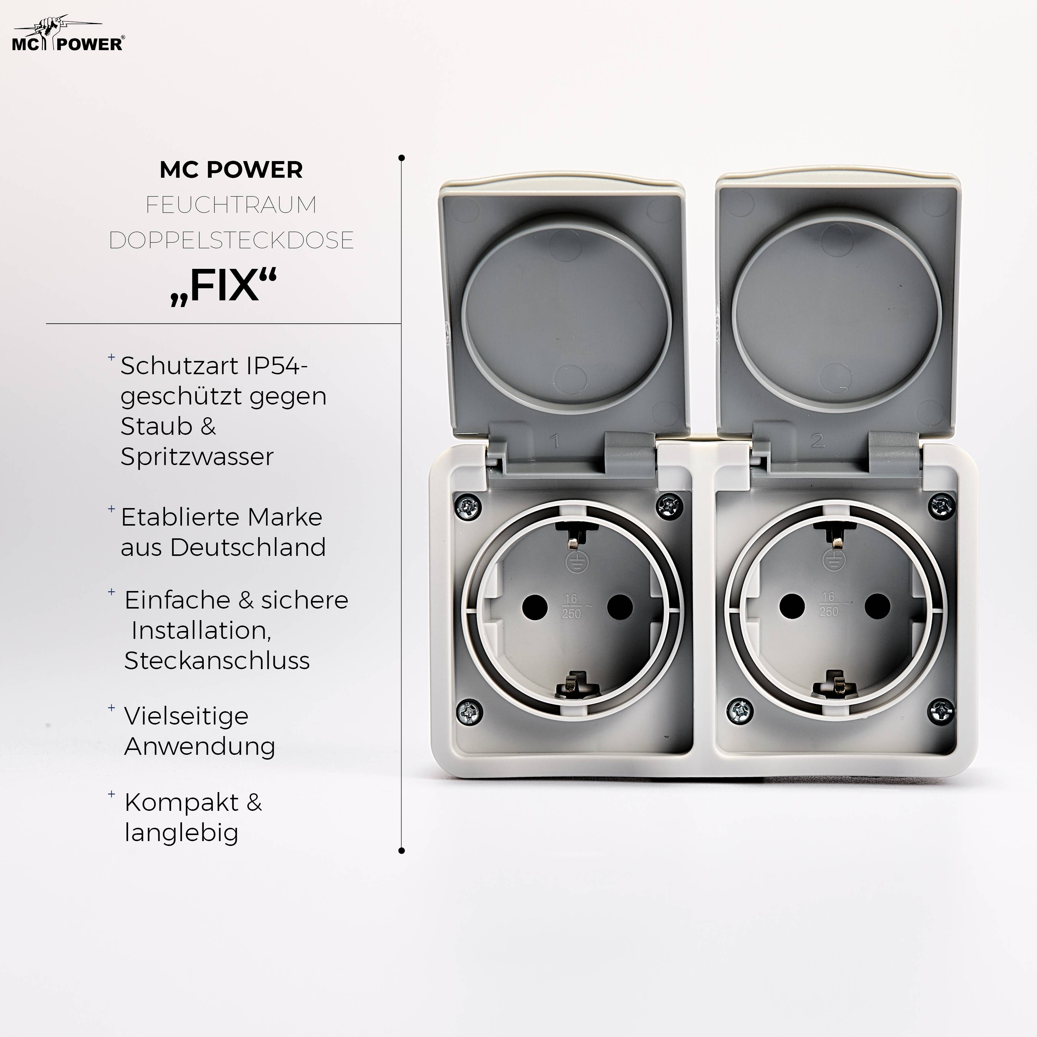 Feuchtraum Doppelsteckdose McPower "Fix", Steckanschluss, 250V~/16A, IP54, AP