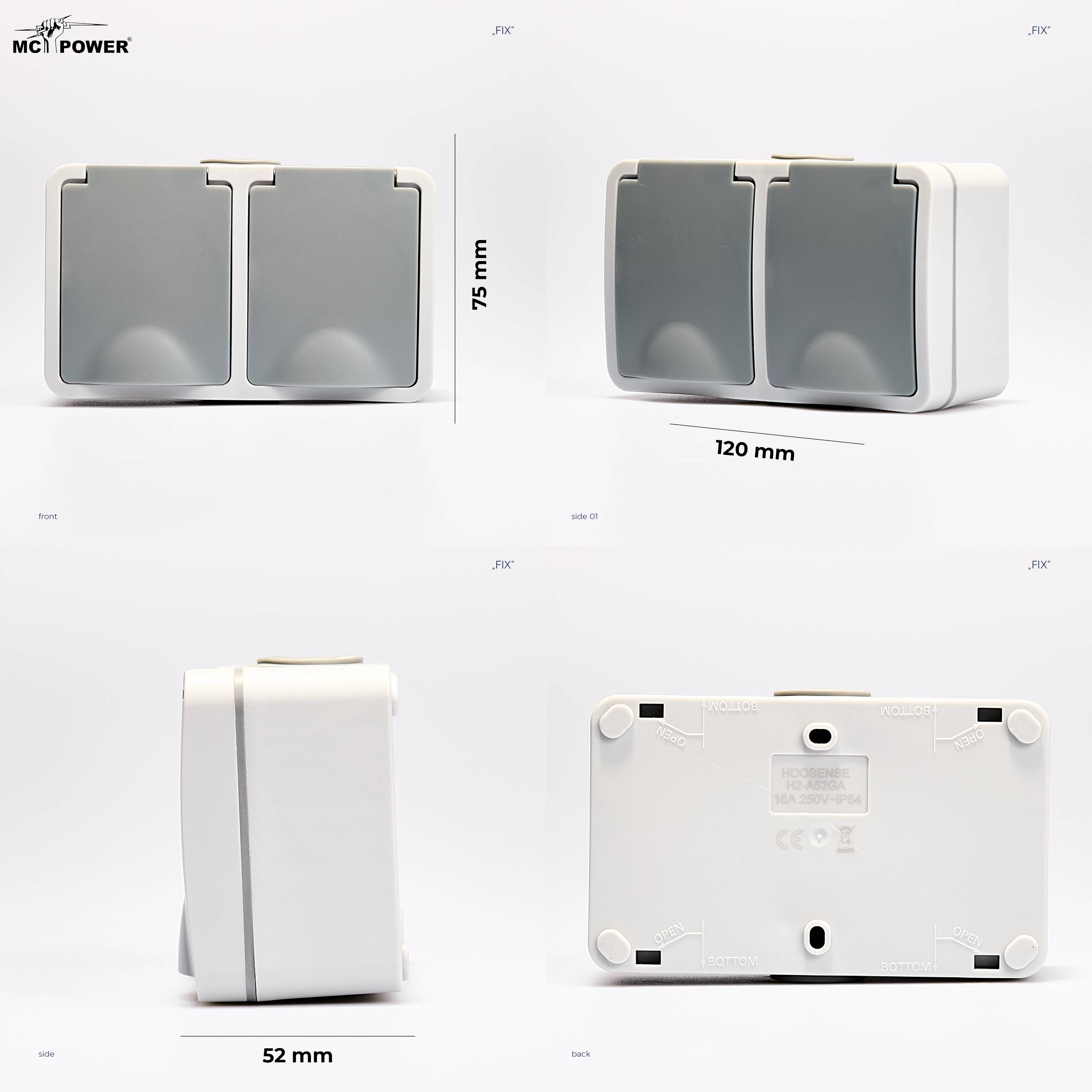 Feuchtraum Doppelsteckdose McPower "Fix", Steckanschluss, 250V~/16A, IP54, AP