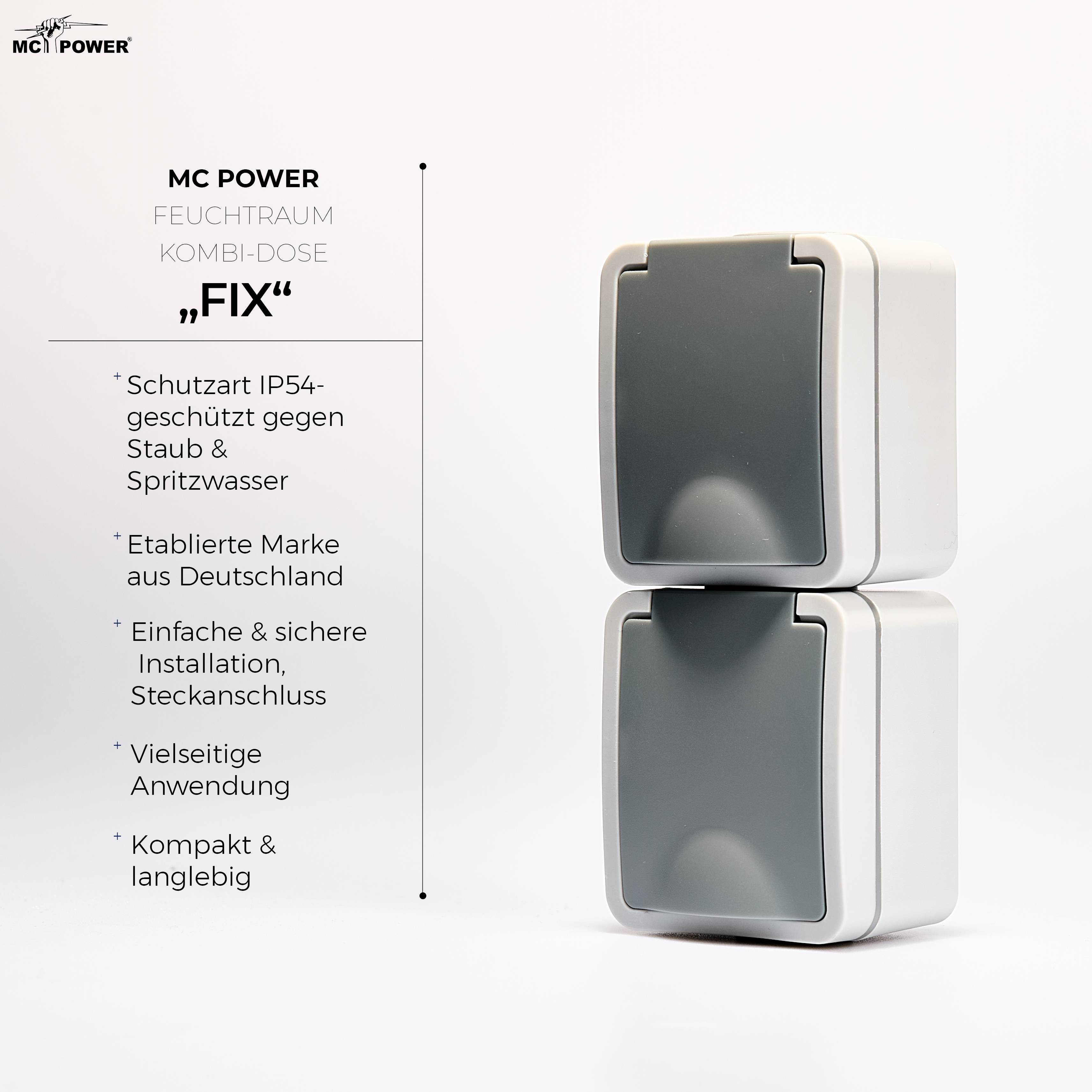 Feuchtraum Doppelsteckdose McPower "Fix", Steckanschluss, 250V~/16A, IP54, AP