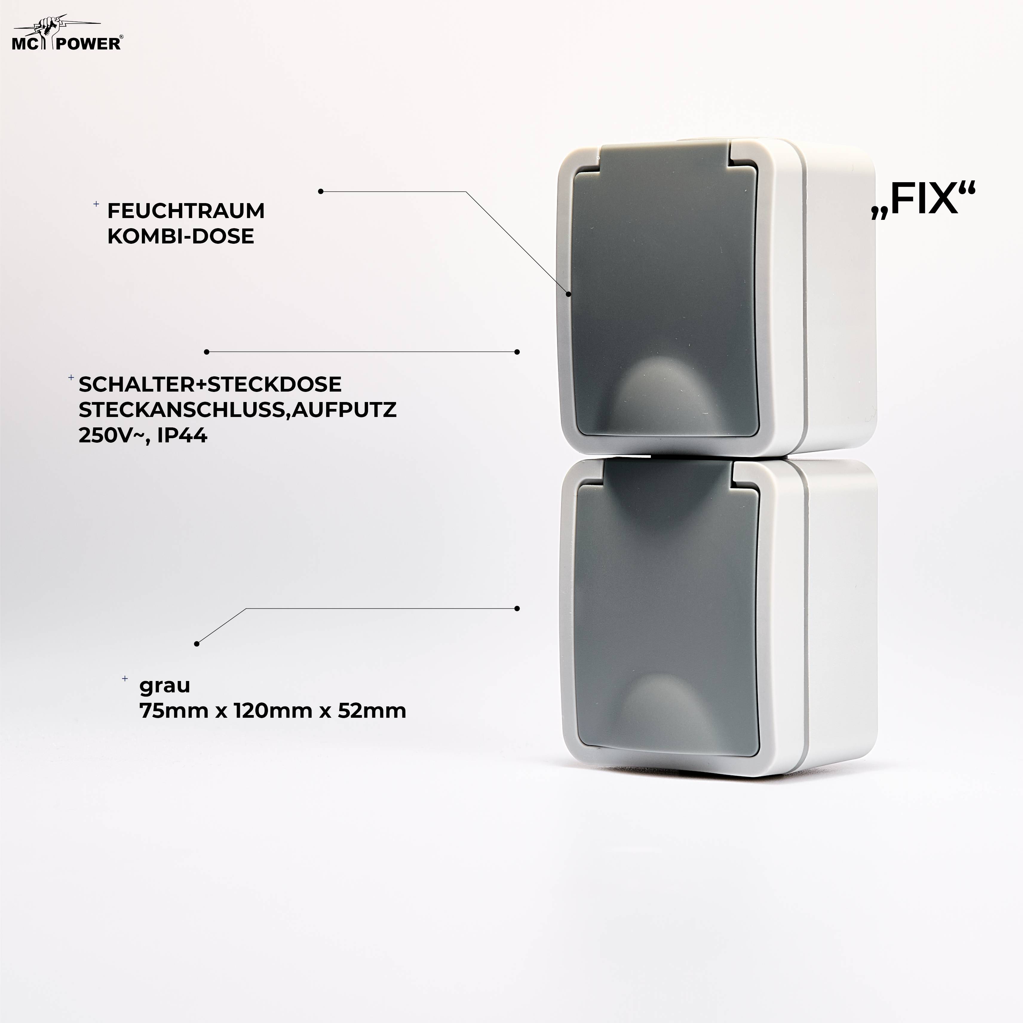 Feuchtraum Doppelsteckdose McPower "Fix", Steckanschluss, 250V~/16A, IP54, AP