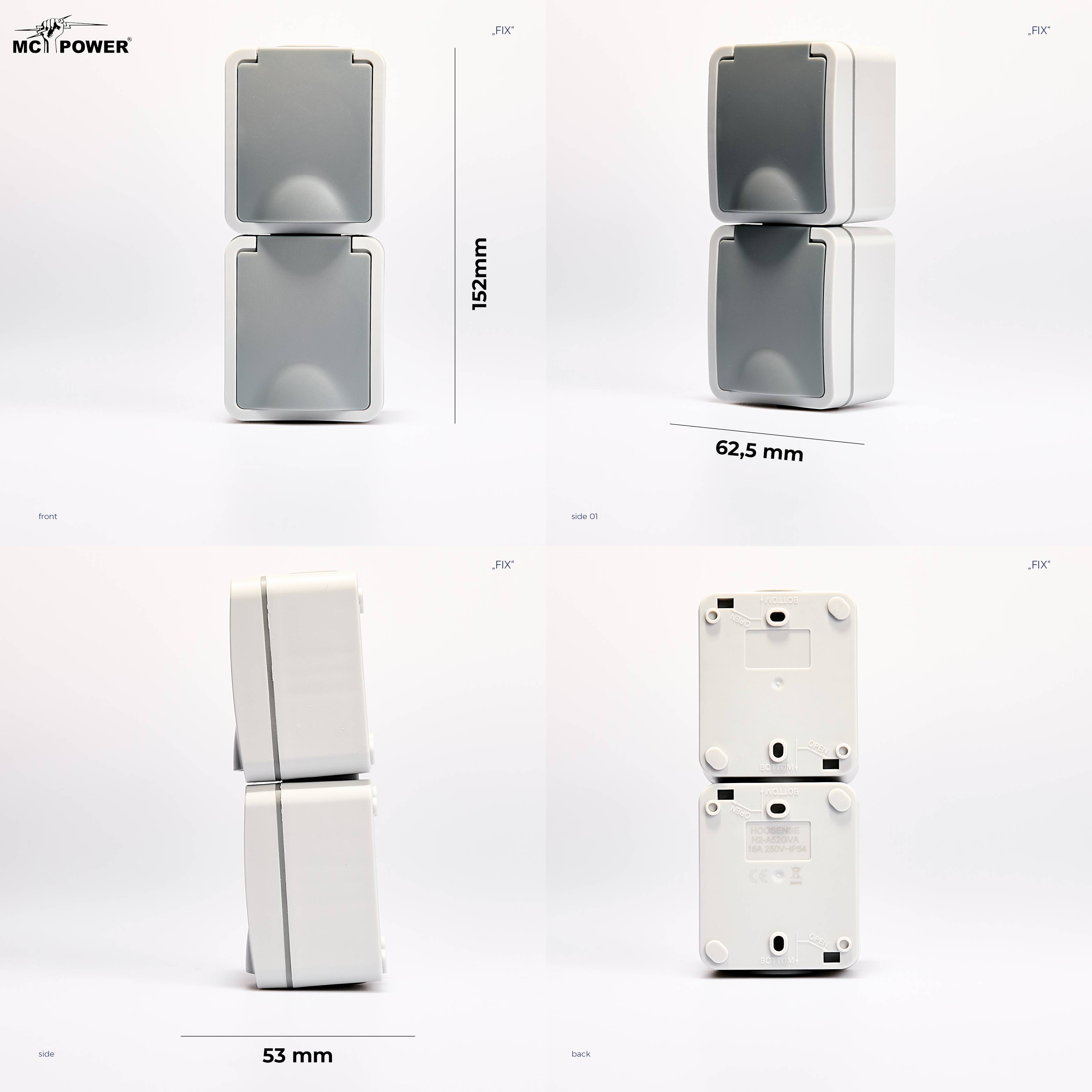 Feuchtraum Doppelsteckdose McPower "Fix", Steckanschluss, 250V~/16A, IP54, AP