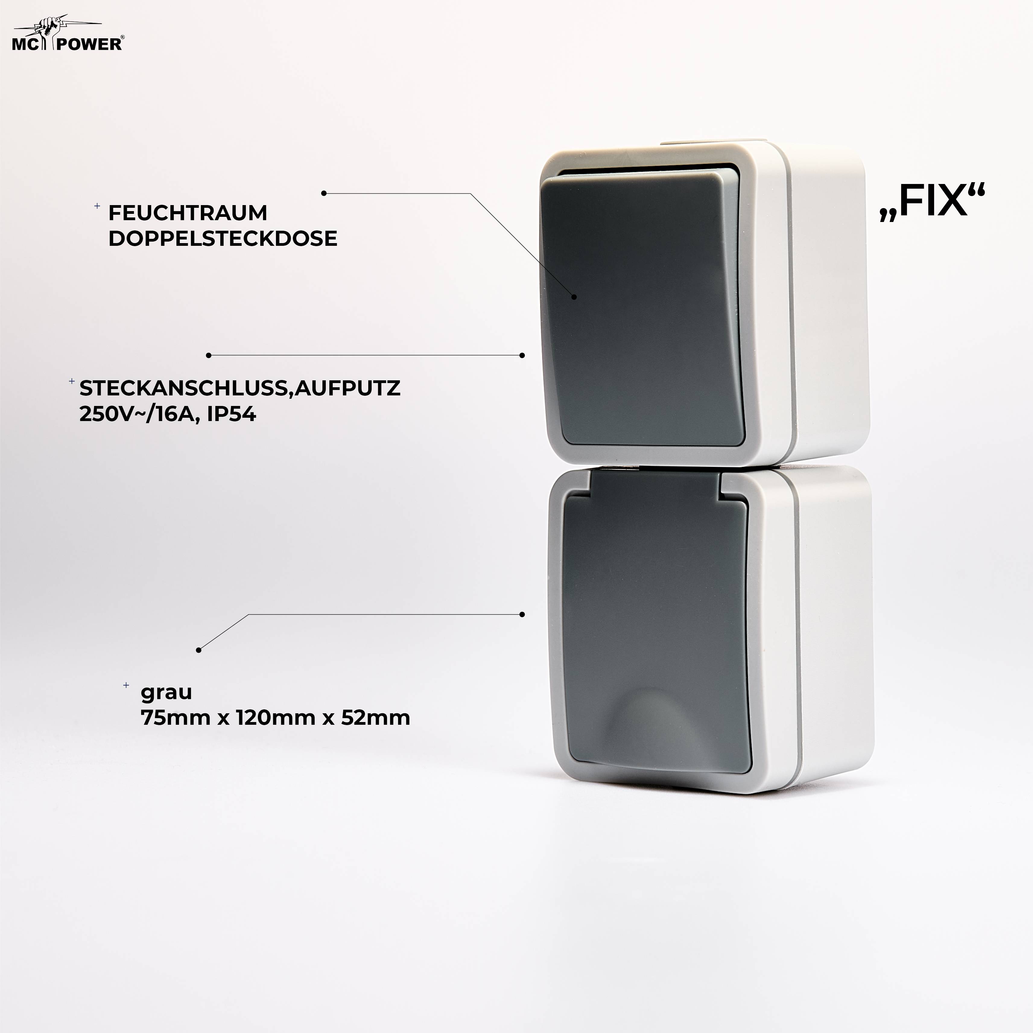 Feuchtraum Kombi-Dose McPower "Fix",Schalter+Steckdose,Steckanschluss, 250V~, AP