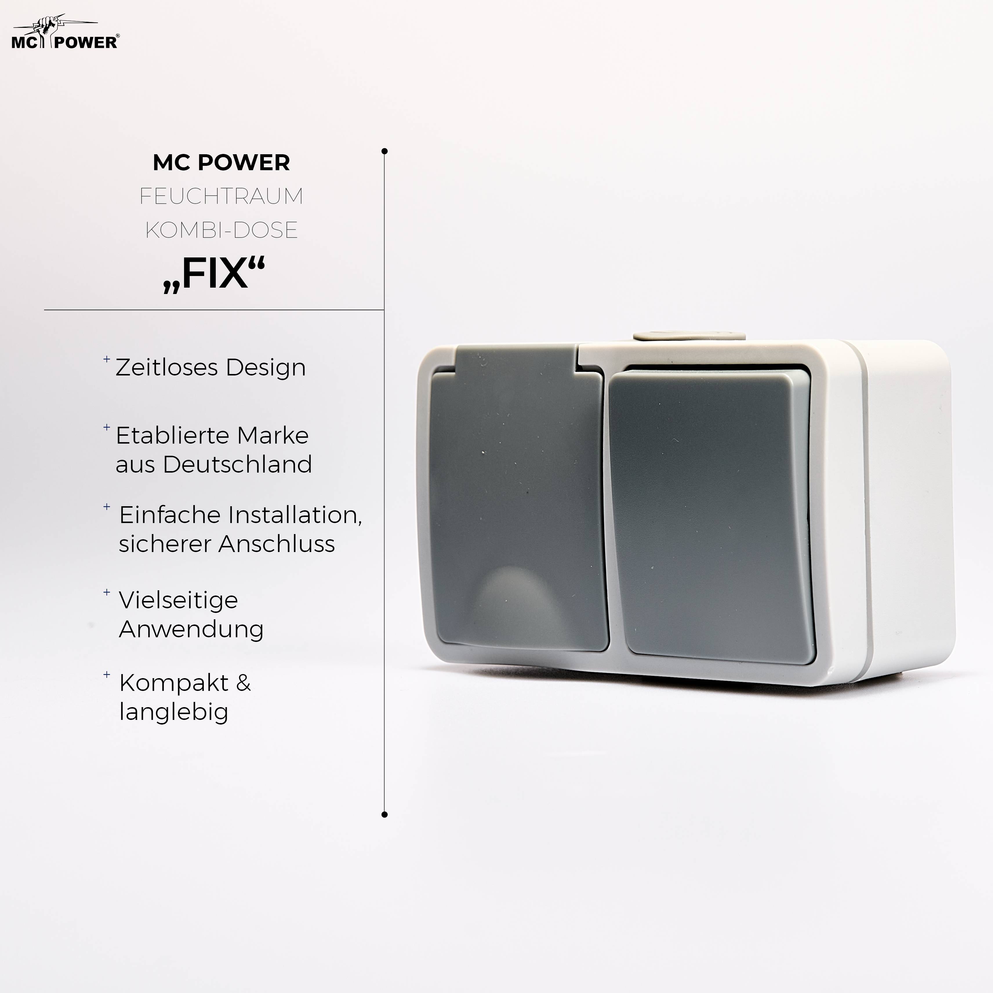 Feuchtraum Kombi-Dose McPower "Fix",Schalter+Steckdose,Steckanschluss, 250V~, AP