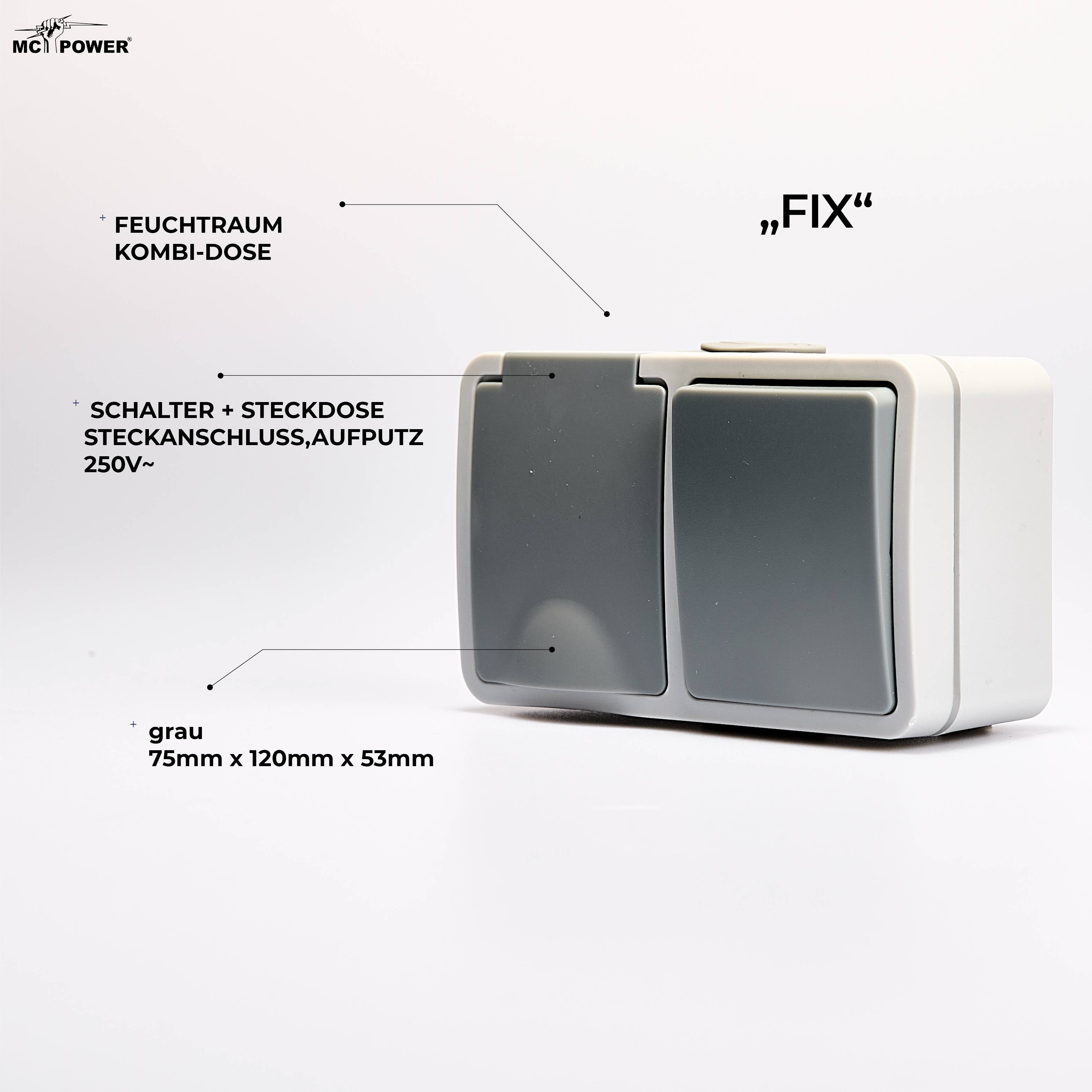 Feuchtraum Kombi-Dose McPower "Fix",Schalter+Steckdose,Steckanschluss, 250V~, AP