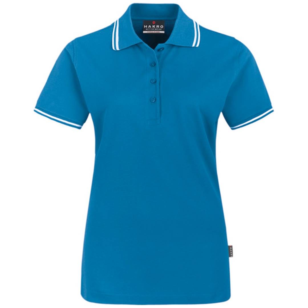 HAKRO Poloshirt Twin-Stripe Damen #205 Gr. M türkis/weiß