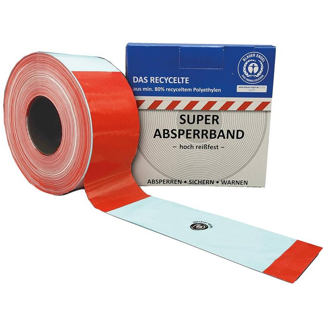 Absperrband 500 m-Rolle rot/weiß geblockt Blauer Engel aus min. 80%recycelten Rohstoffen