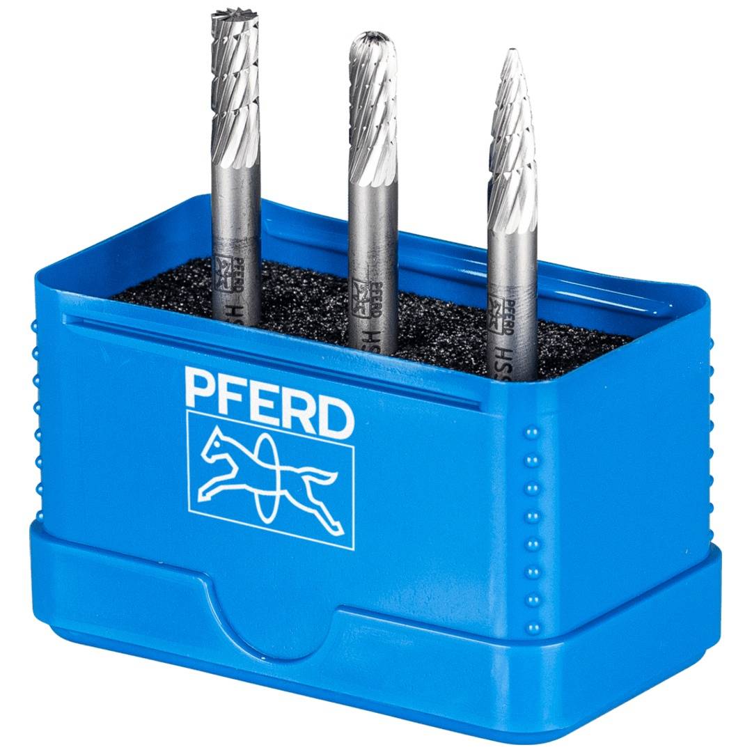 PFERD HSS Frässtift Set 85 3-tlg. Zahnung 3 Ø 12 mm, Schaft-Ø 6 mm, universal mittel fein