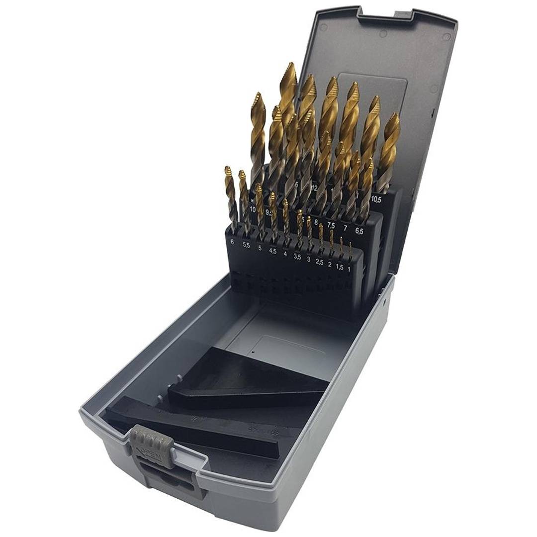 Forum Spiralbohr.Set DIN338 HSSmit Stufenbohrerspitze 1,0-13,0 0,5mm steigend 25-teilig UNI