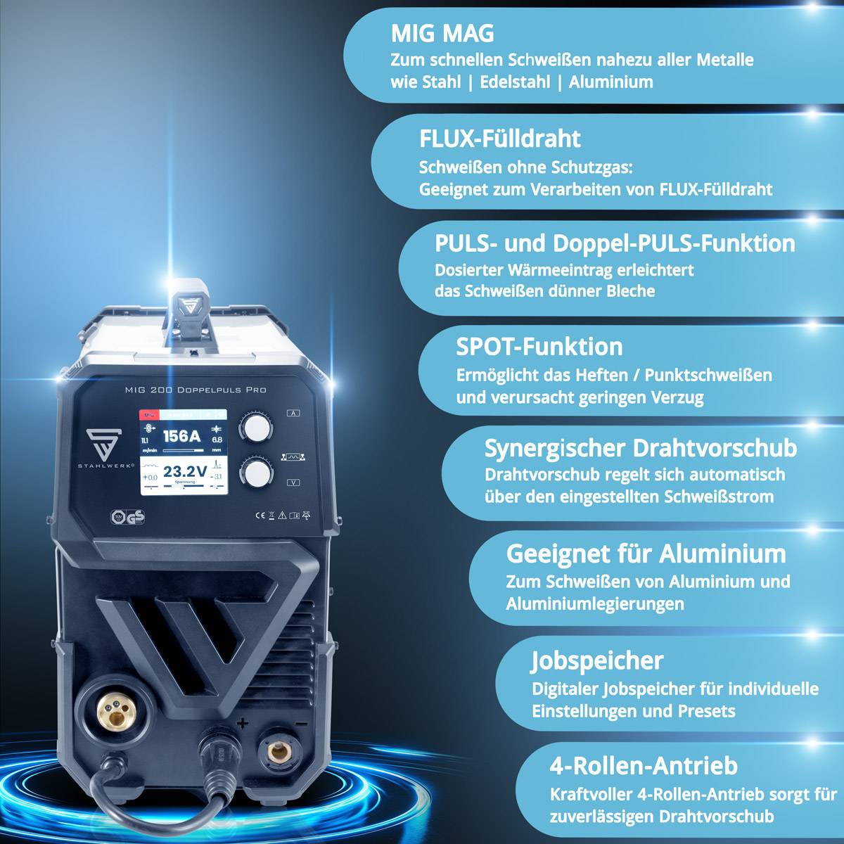 STAHLWERK Schweißgerät MIG MAG 200 Doppelpuls Pro vollsynergisches 200 Ampere