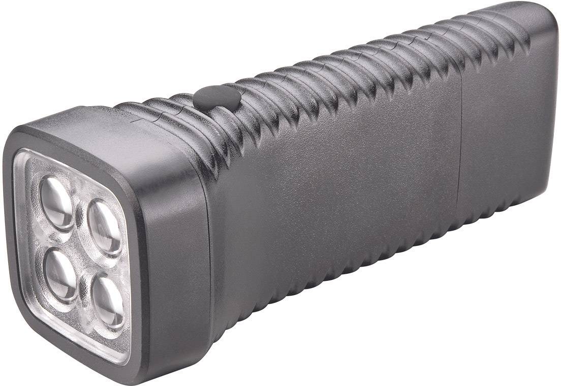 Eine schwarze LED-Taschenlampe mit vier runden Leuchtdioden und geriffeltem Griff liegt auf einer hellen Oberfläche.
