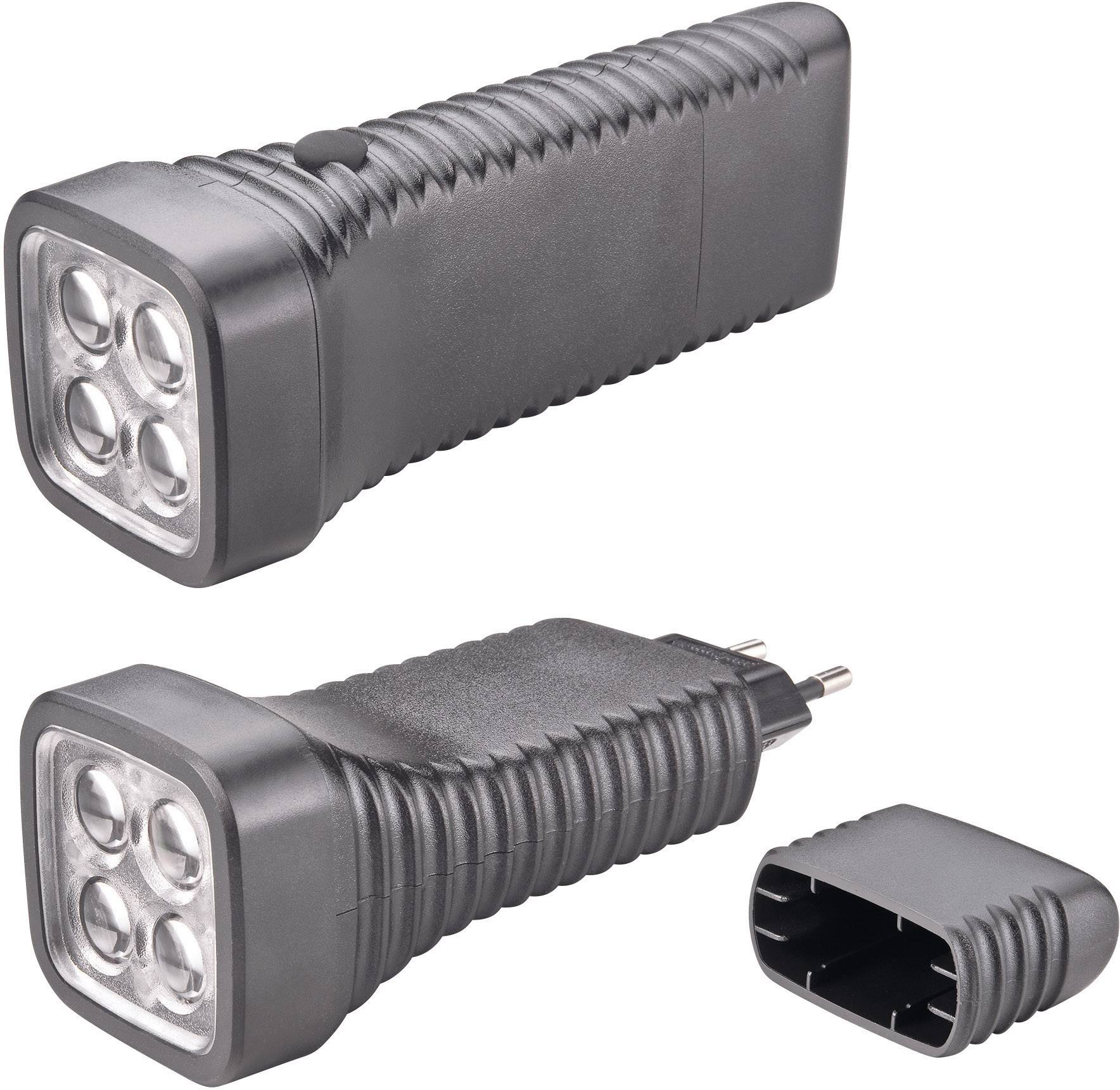 Eine schwarze Taschenlampe mit vier LED-Lichtern in zwei Ansichten. Eine Ansicht zeigt die Lampe mit herausgenommenem Netzteiladapter.