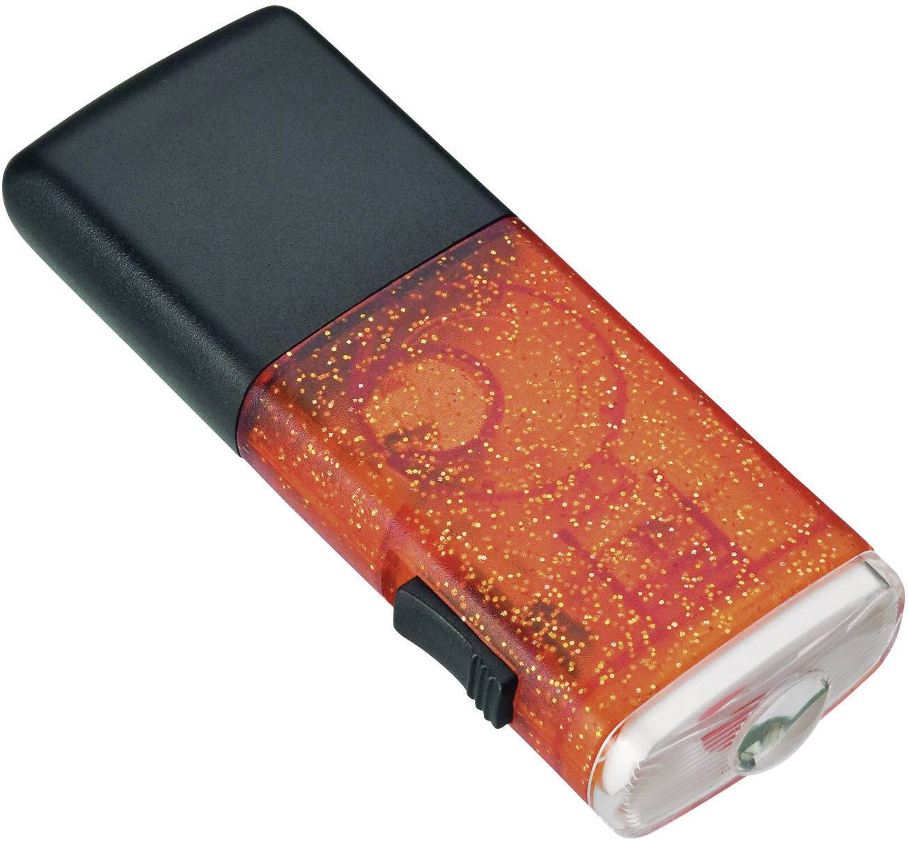 Ein schwarzes und oranges Feuerzeug mit glitzerndem Design liegt auf einer flachen Oberfläche, sichtbar sind eine Düse und ein Zündmechanismus.