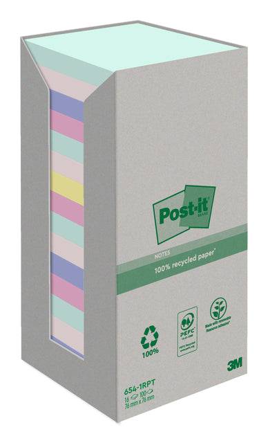 Post-it-MemoBlok 3M Post-It 654 76x76mm Recycle Pastell | Ein 16 -Stück packen