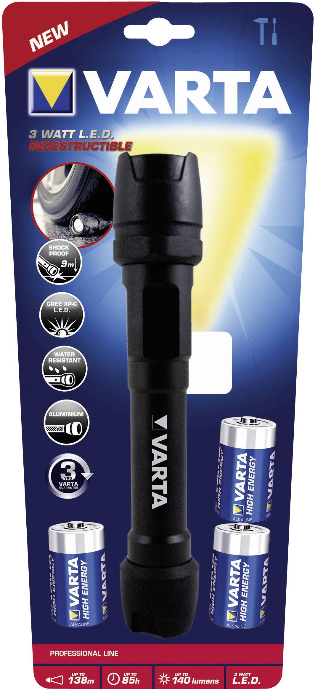 Varta Indestructible 1 W, 3 C LED Taschenlampe batteriebetrieben 230 lm 85 h 291 g