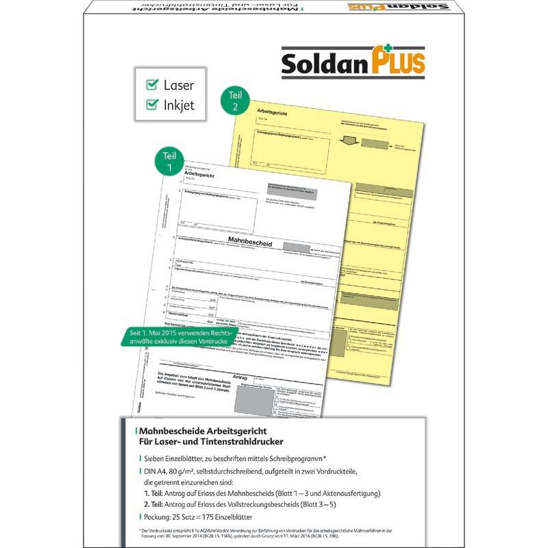 SoldanPlus Mahnbescheid Arbeitsgericht, für Laser- und Tintenstrahldrucker