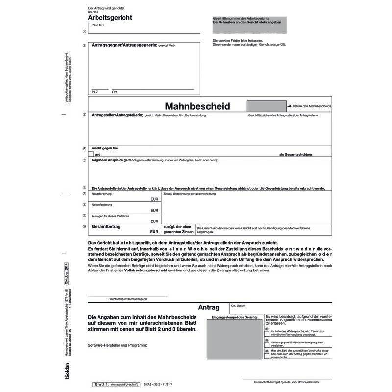 SoldanPlus Mahnbescheid Arbeitsgericht, für Laser- und Tintenstrahldrucker