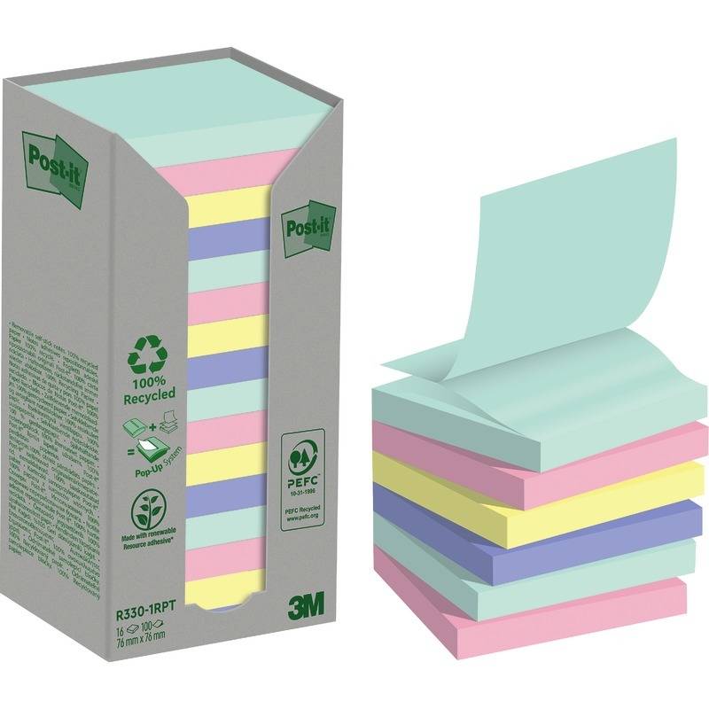 Haftnotizblock Recycling Notes - 76 x 76 mm sortiert 16 x 100 Blatt.