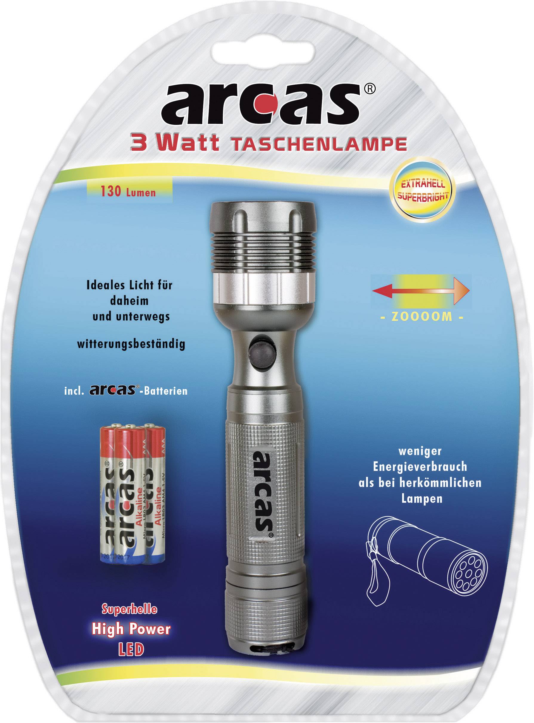 Arcas 3W LED Taschenlampe batteriebetrieben 130lm 169g