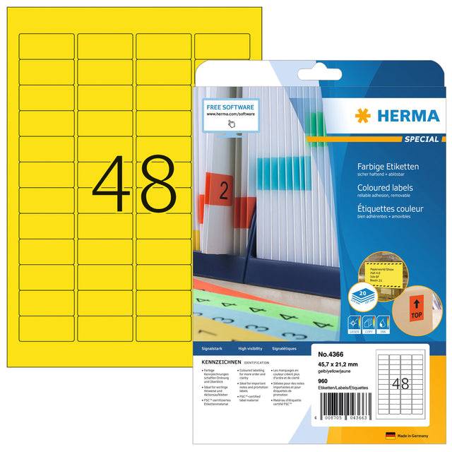 HERMA Special - Papier - matt - permanent selbstklebend - Gelb - 45.7 x 21.2 mm 960 Etikett(en) (20 Bogen x 48)