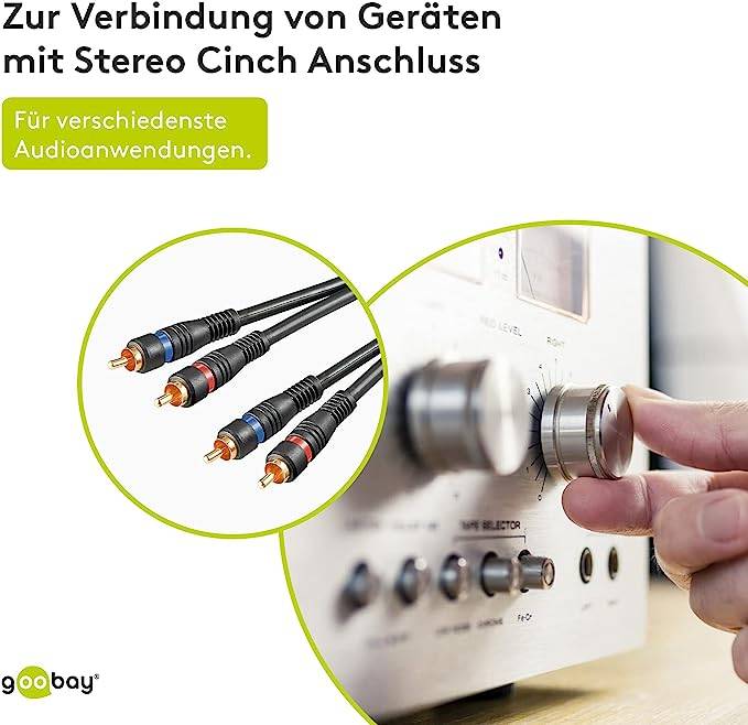 Goobay 50032 Stereo Cinchkabel / 2x Cinch-Stecker auf 2x Cinchstecker / RCA Kabel Subwoofer HiFi Cinch Schwarz / 1,5m