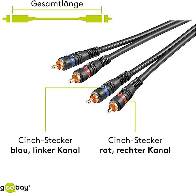 Goobay 50119 Stereo Cinchkabel / 2x Cinch-Stecker auf 2x Cinchstecker / RCA Kabel Subwoofer HiFi Cinch Schwarz / 3m