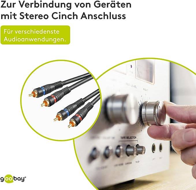 Goobay 50119 Stereo Cinchkabel / 2x Cinch-Stecker auf 2x Cinchstecker / RCA Kabel Subwoofer HiFi Cinch Schwarz / 3m