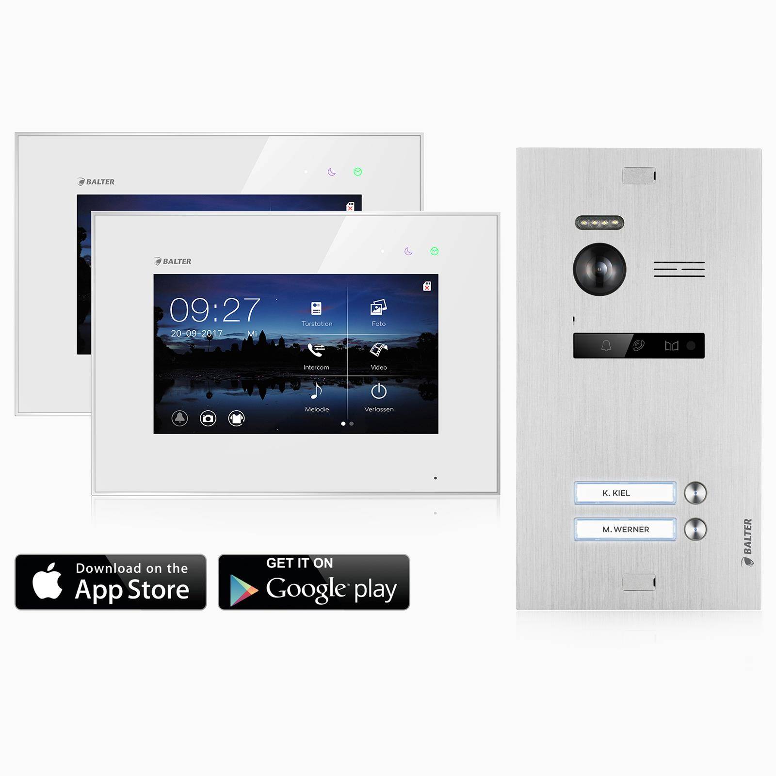 Balter EVO Video Türsprechanlage, Touchscreen 7 Zoll Monitor, Türstation für 2 Familienhaus Türklingel, Smartphone App, 2-Draht Bus , 150° Weitwi