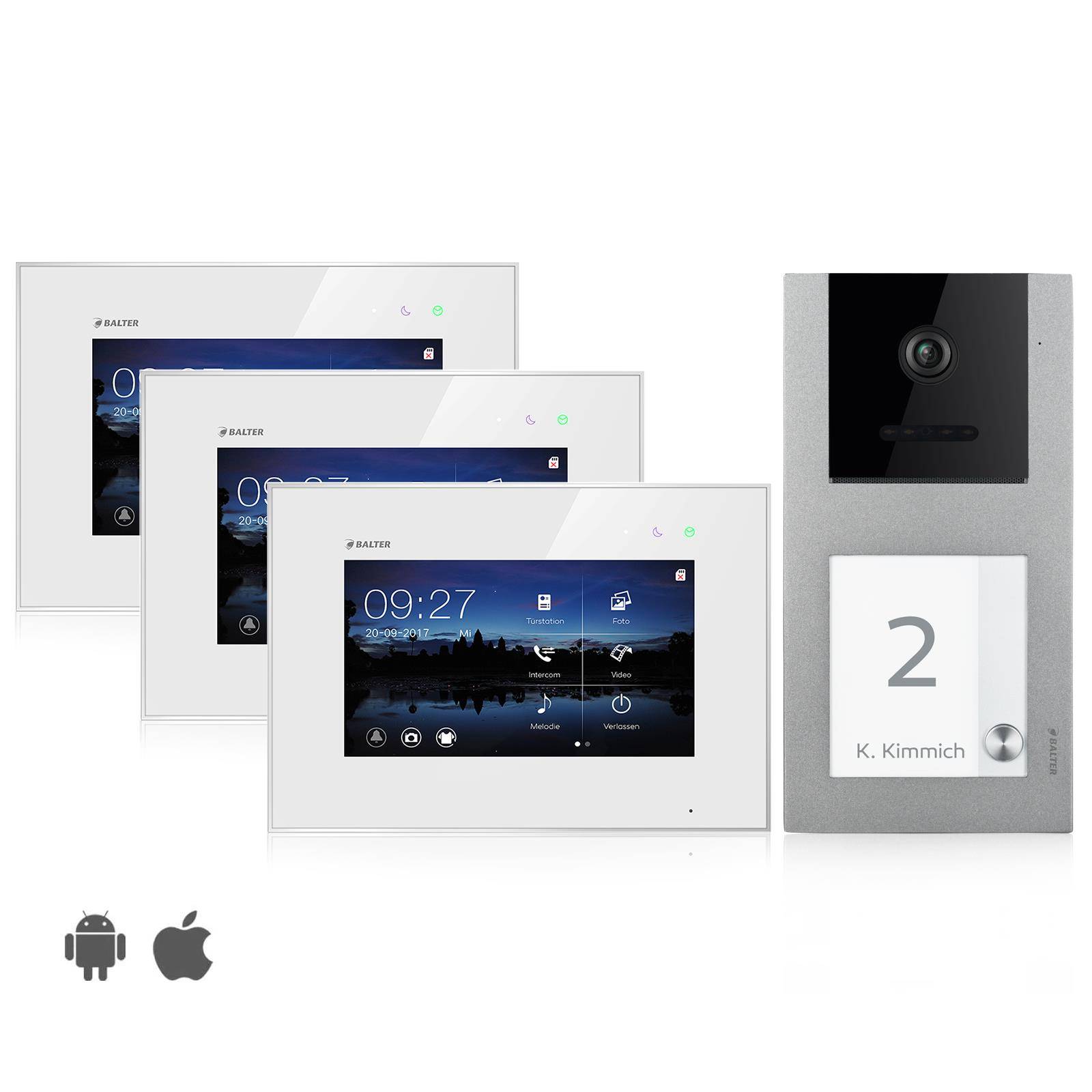 Video Türsprechanlage mit Smartphone App für 1 Familienhaus, Aufputz, 3x Monitore, Balter EVO WLAN