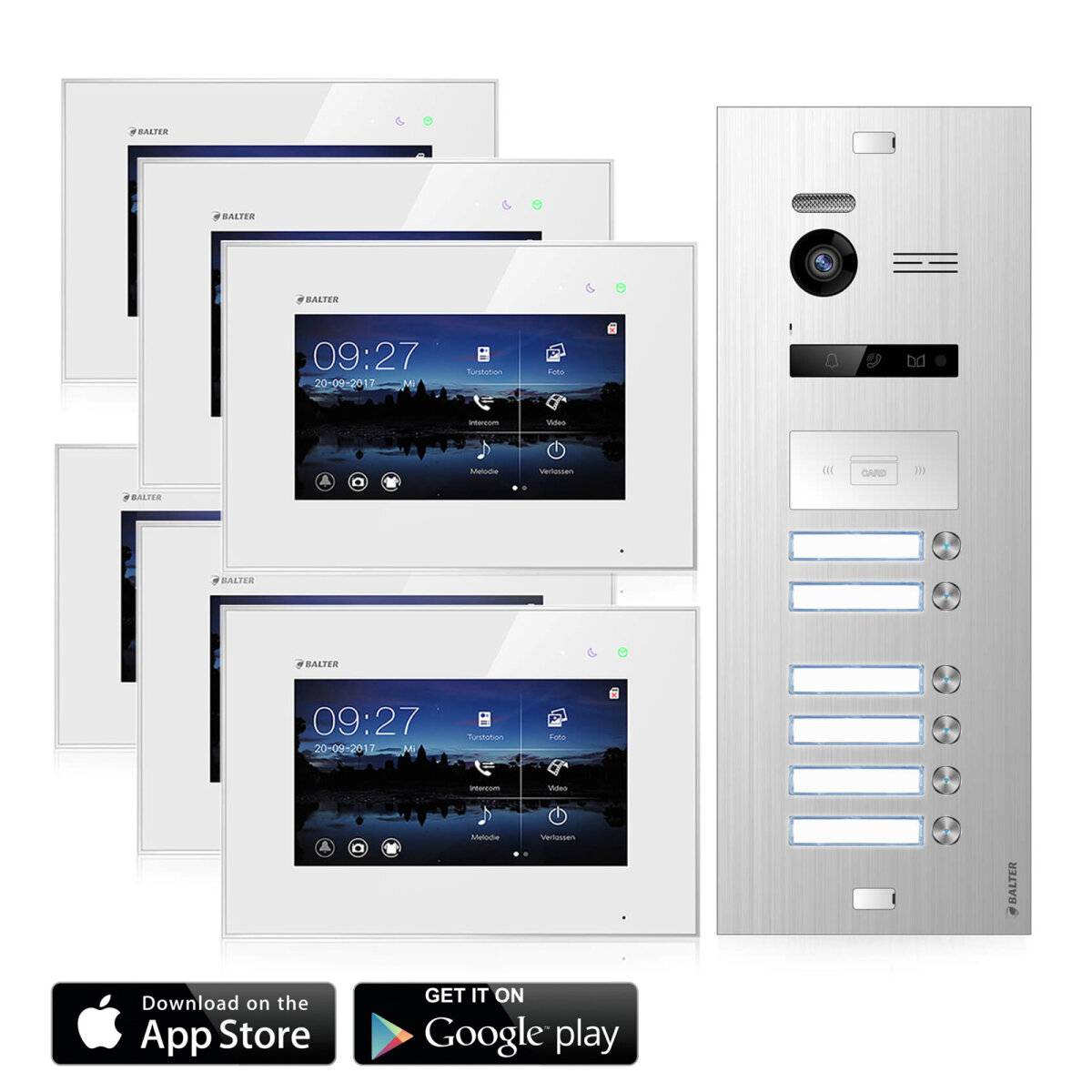 Video Türsprechanlage mit Smartphone App für 6 Familienhaus, 6x Monitore, Balter EVO WLAN