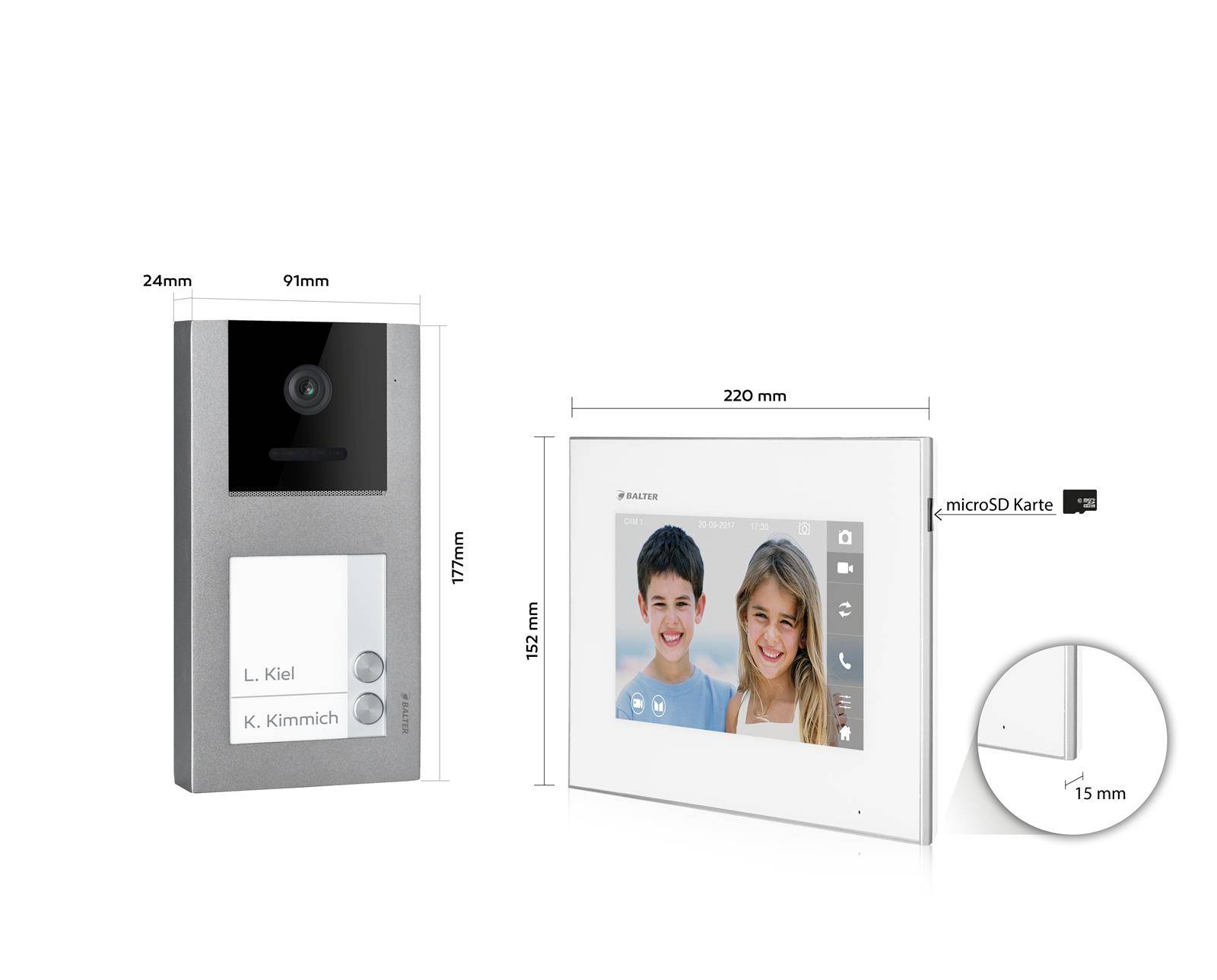 Video Türsprechanlage mit Smartphone App für 2 Familienhaus, Aufputz, 2x Monitore, Balter EVO WLAN