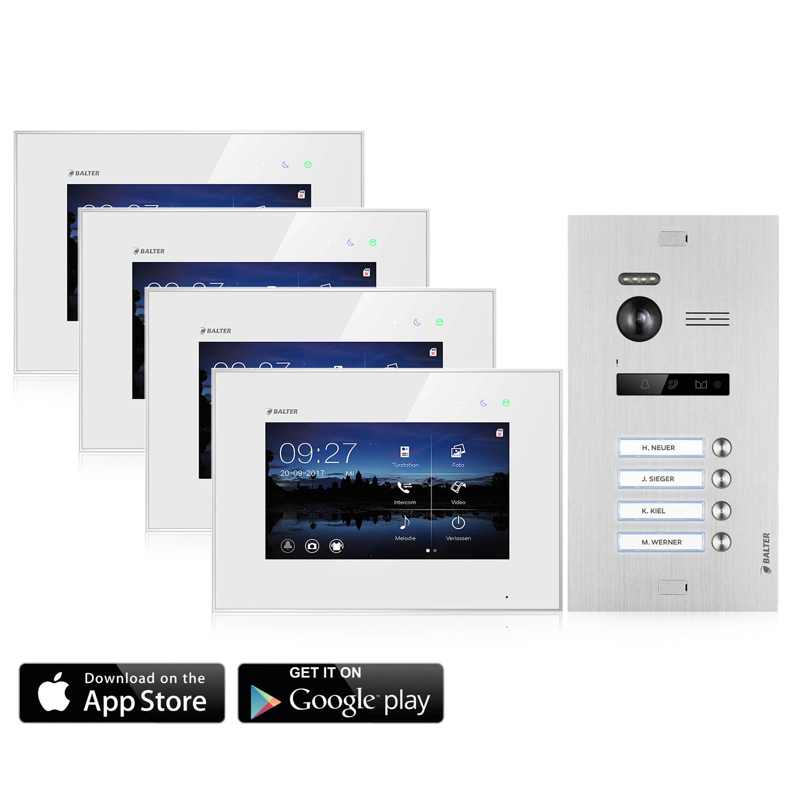 Balter EVO Video Türsprechanlage ✓ Touchscreen 4X 7 Zoll Monitor ✓ Smartphone App ✓ 2-Draht Bus ✓ Türstation für 4 Familienhaus ✓ 4 Türk