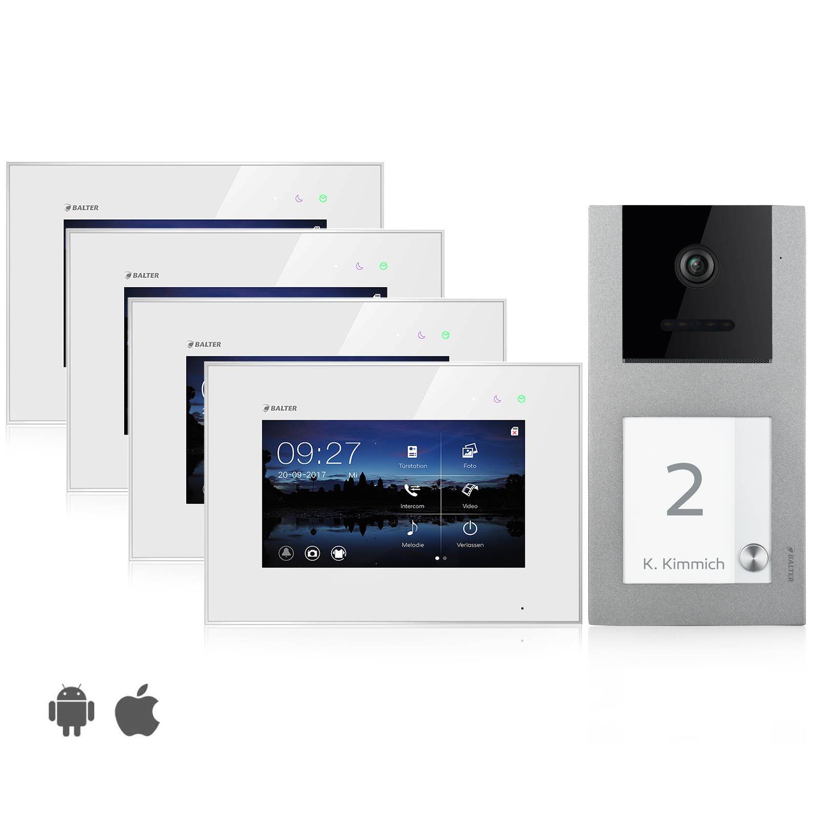 Video Türsprechanlage mit Smartphone App für 1 Familienhaus, Aufputz, 4x Monitore, Balter EVO WLAN