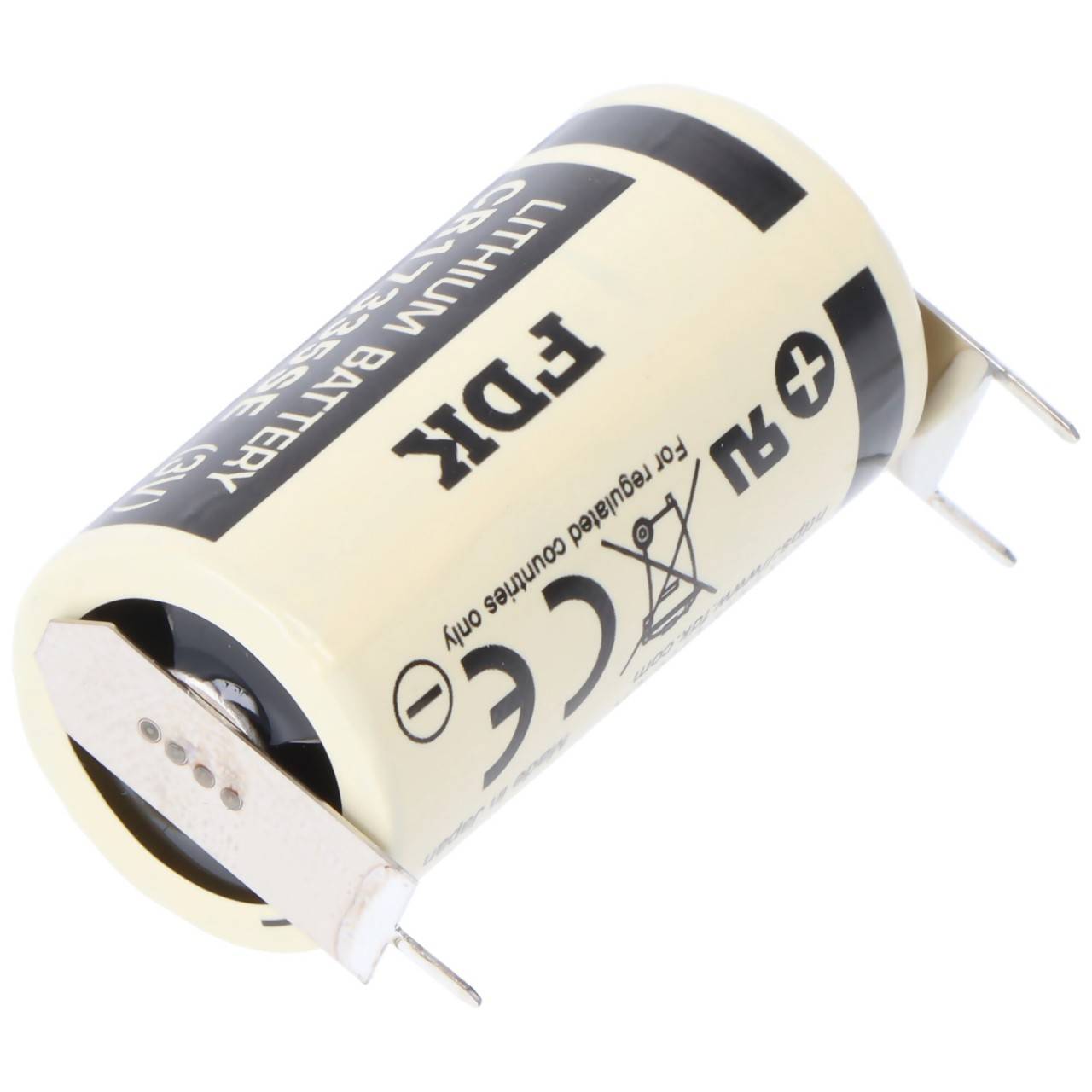 Sanyo Lithium Batterie CR17335 SE Size 2/3A, 3er Print Lötfahnen, 2er Print Plus und 1er Print Minus, Rastermaß 7,6mm