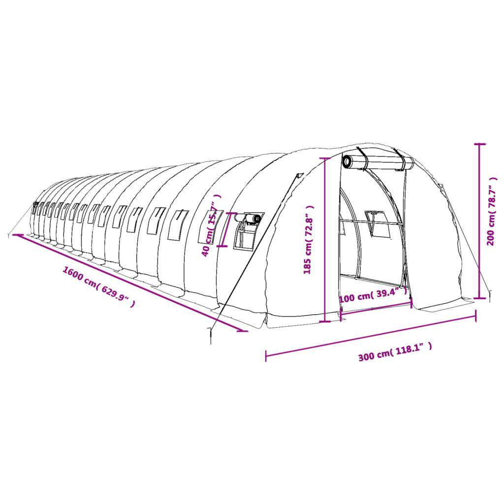 vidaXL Gewächshaus mit Stahlrahmen Grün 48 m² 16x3x2 m