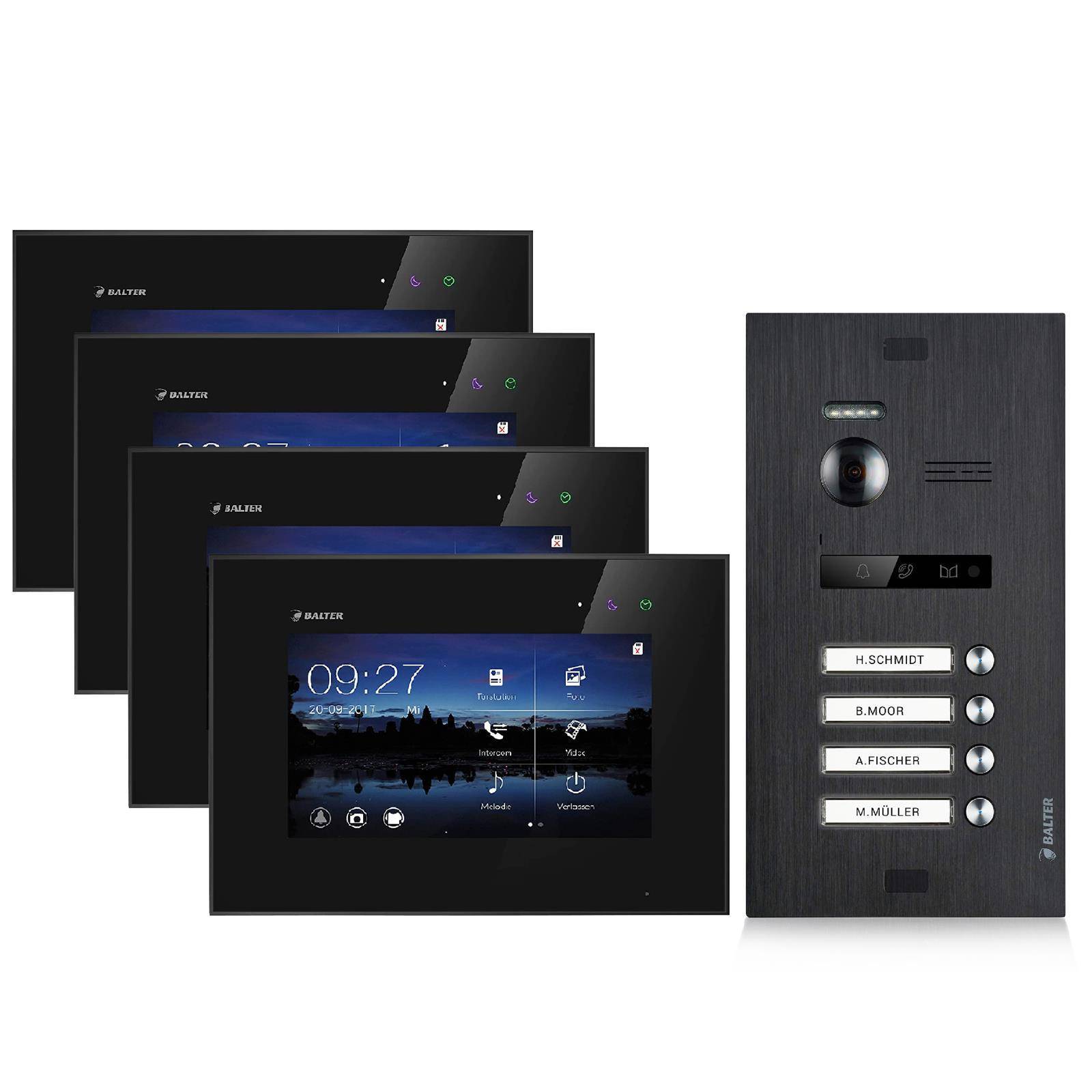 Video Türsprechanlage für 4 Familienhaus, 4x Monitore, Balter EVO Schwarz