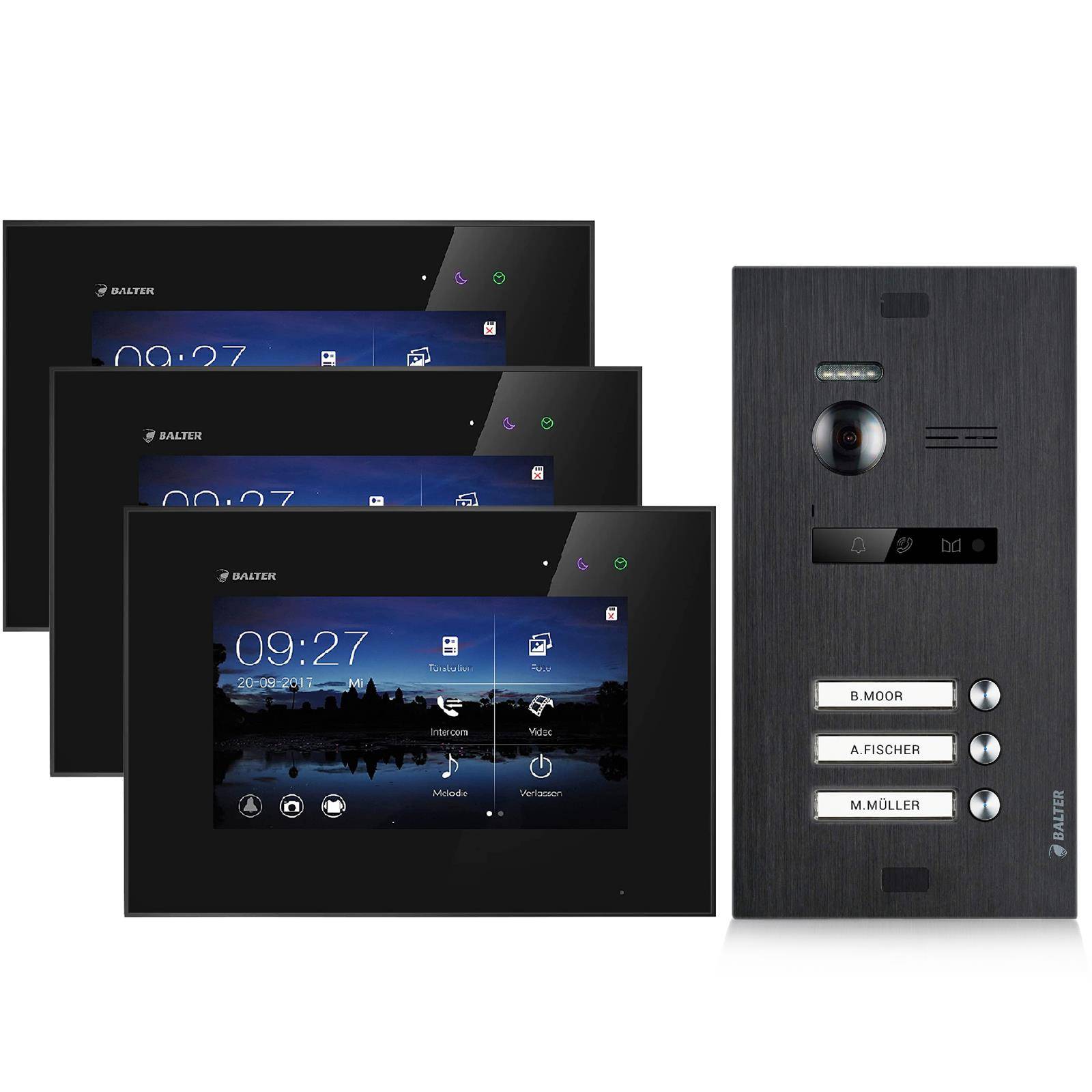 Video Türsprechanlage für 3 Familienhaus, 3x Monitore, Balter EVO Schwarz