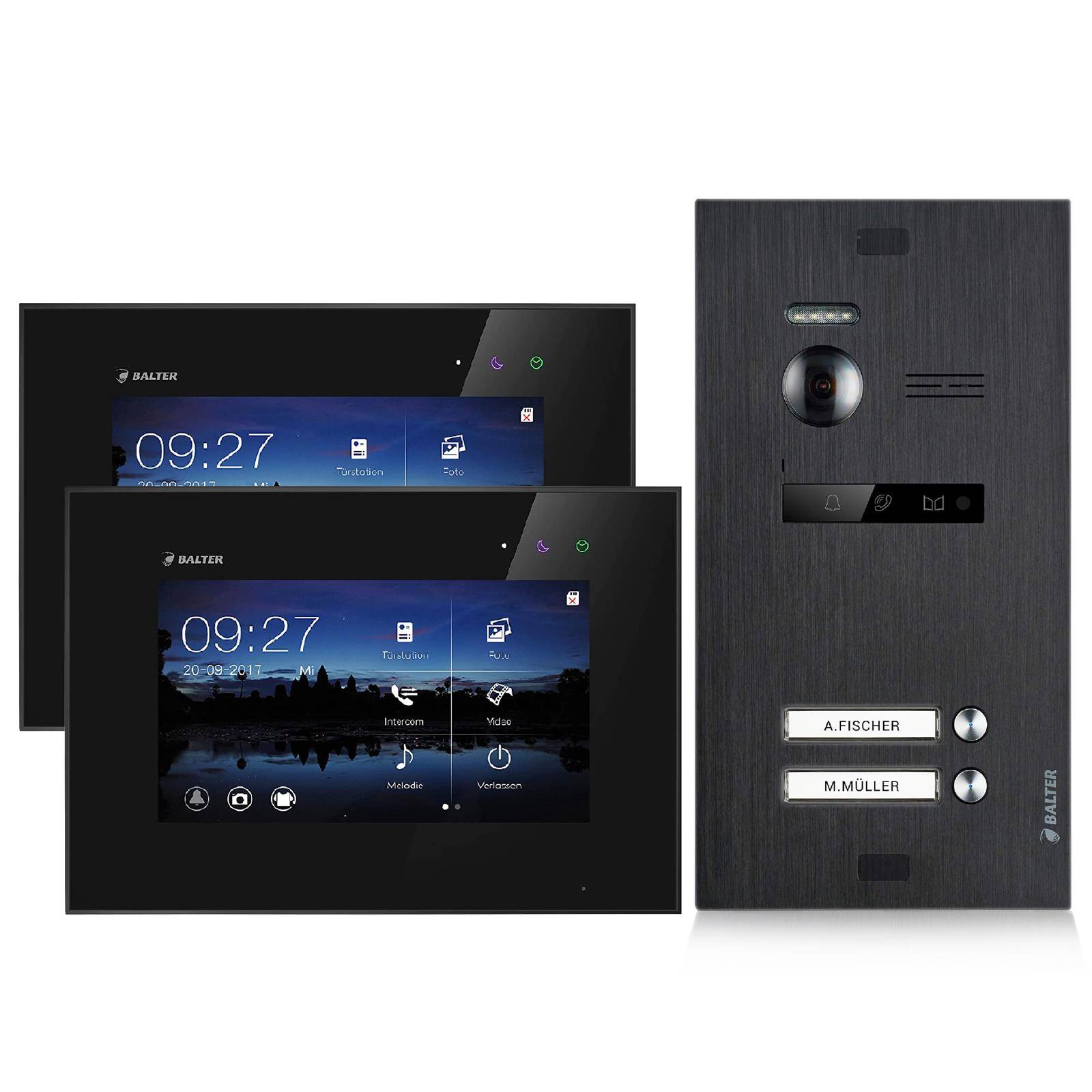 Balter EVO Video Türsprechanlage ✓ Touchscreen 7 Zoll Monitor Schwarz ✓ Türstation für Mehrfamilienhaus Schwarz ✓ 2-Draht Bus ✓ 150° Weitw