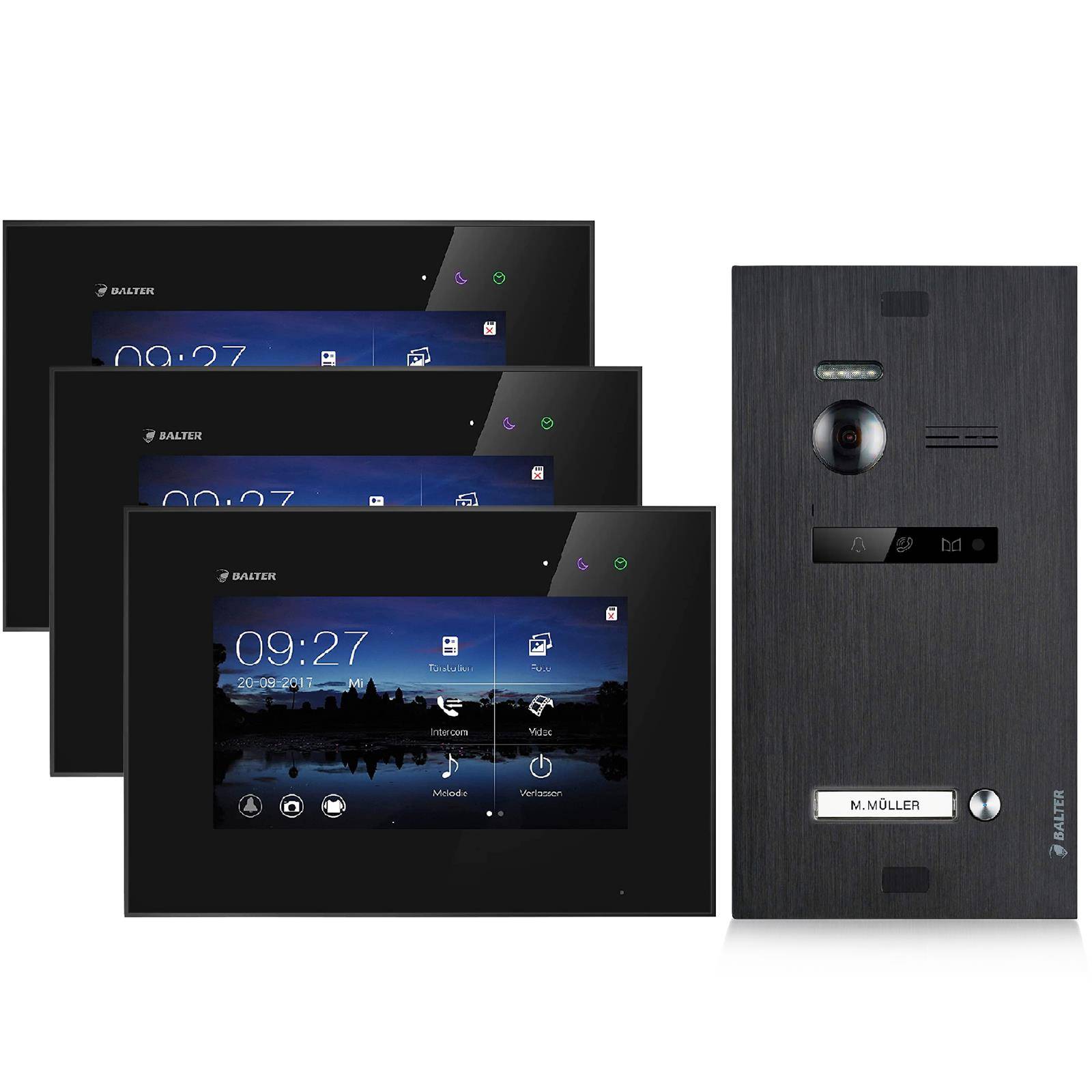 Video Türsprechanlage für 1 Familienhaus, 3x Monitore, Balter EVO Schwarz