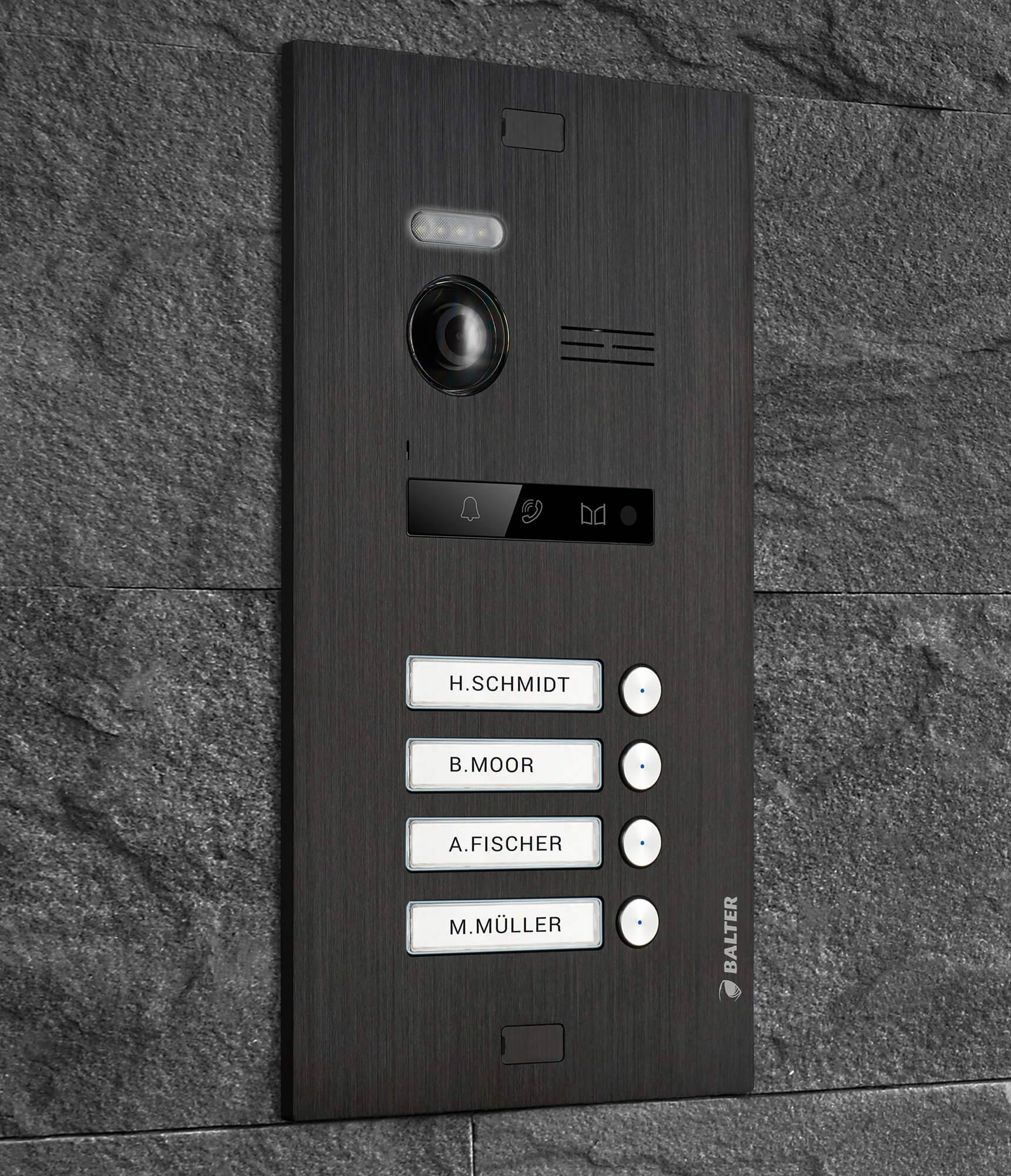 Video Türsprechanlage für 4 Familienhaus, 4x Monitore, Balter EVO Schwarz