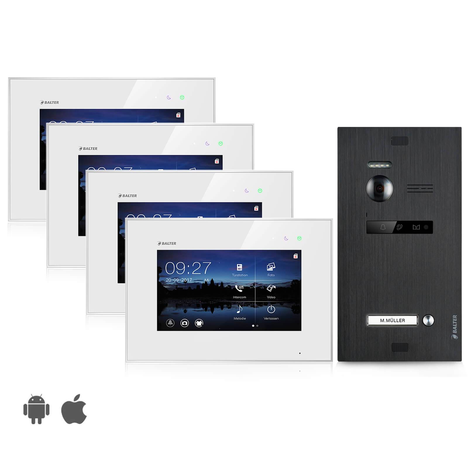 Video Türsprechanlage mit Smartphone App für 1 Familienhaus, Schwarz, 4x Monitore, Balter EVO WLAN