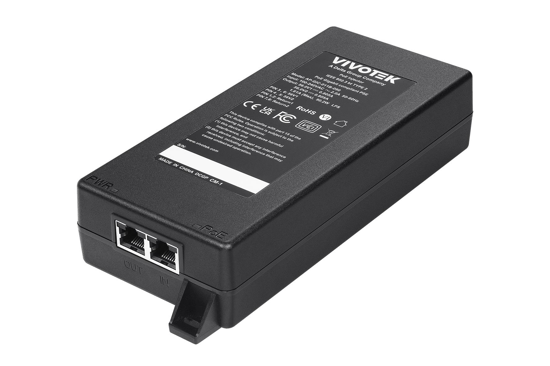 VIVOTEK AP-GIC-011B-090 Indoor Gigabit UPoE Injector, 90W