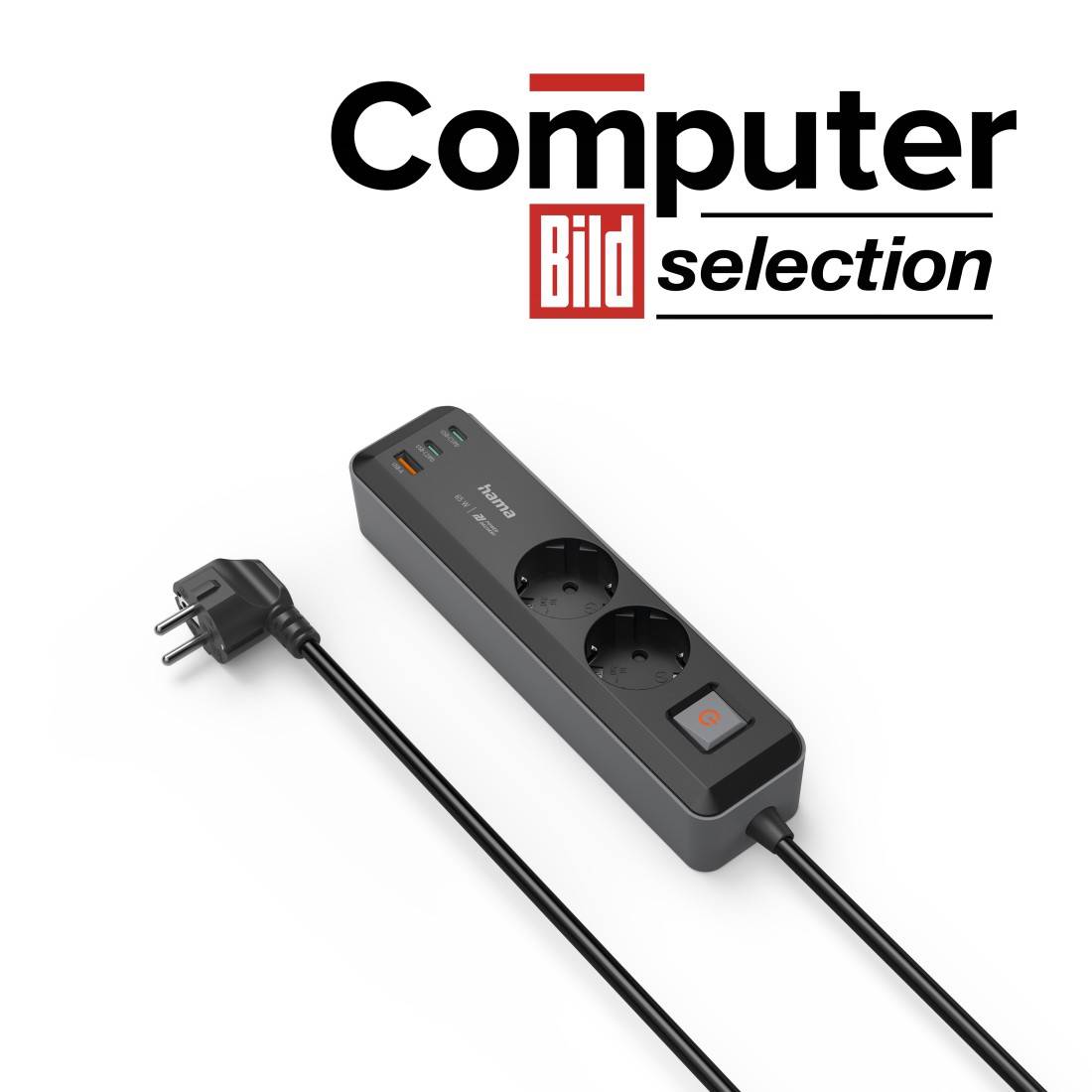 hama 00223188 Steckdosenleiste, 2-fach, USB-C/A 65W, PD, Schalter, 1,4 m, Schwarz/Grau