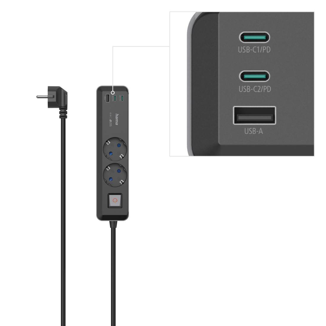 hama 00223188 Steckdosenleiste, 2-fach, USB-C/A 65W, PD, Schalter, 1,4 m, Schwarz/Grau