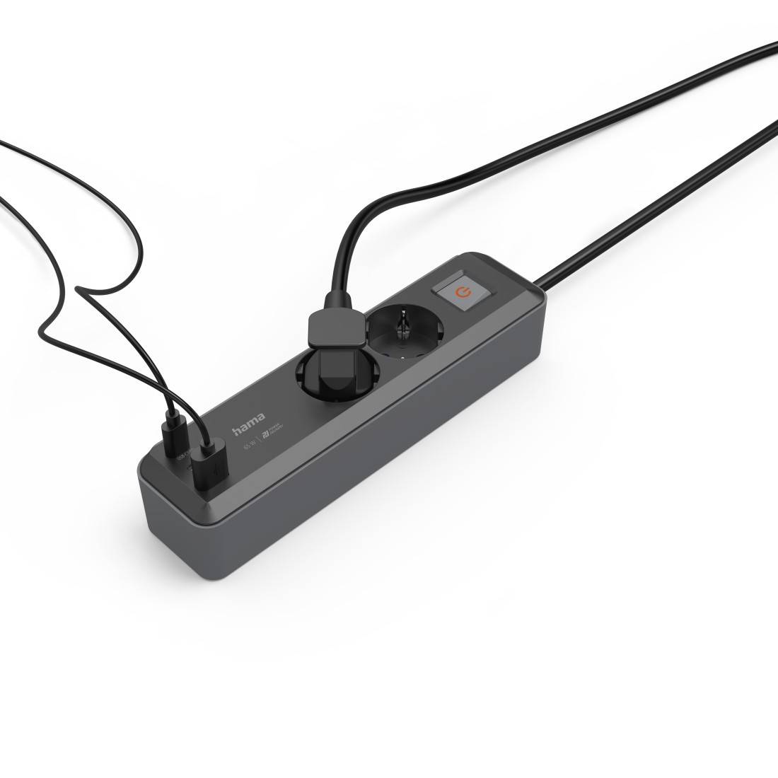 hama 00223188 Steckdosenleiste, 2-fach, USB-C/A 65W, PD, Schalter, 1,4 m, Schwarz/Grau